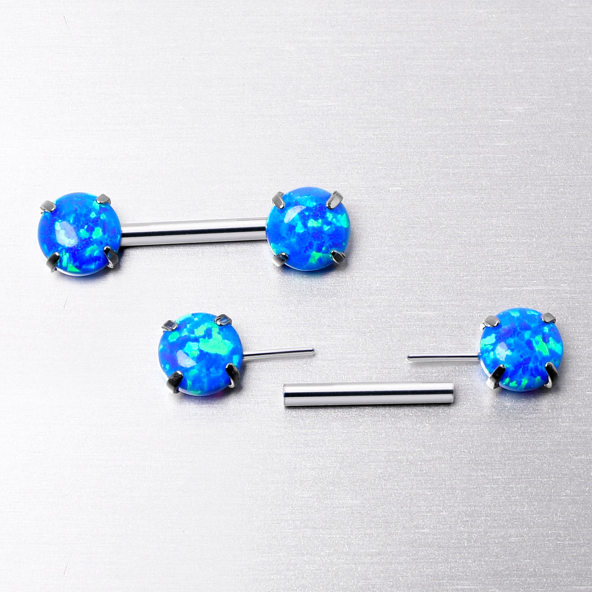 14 Gauge 1/2 Blue Synthetic Opal Threadless Barbell Nipple Ring Set