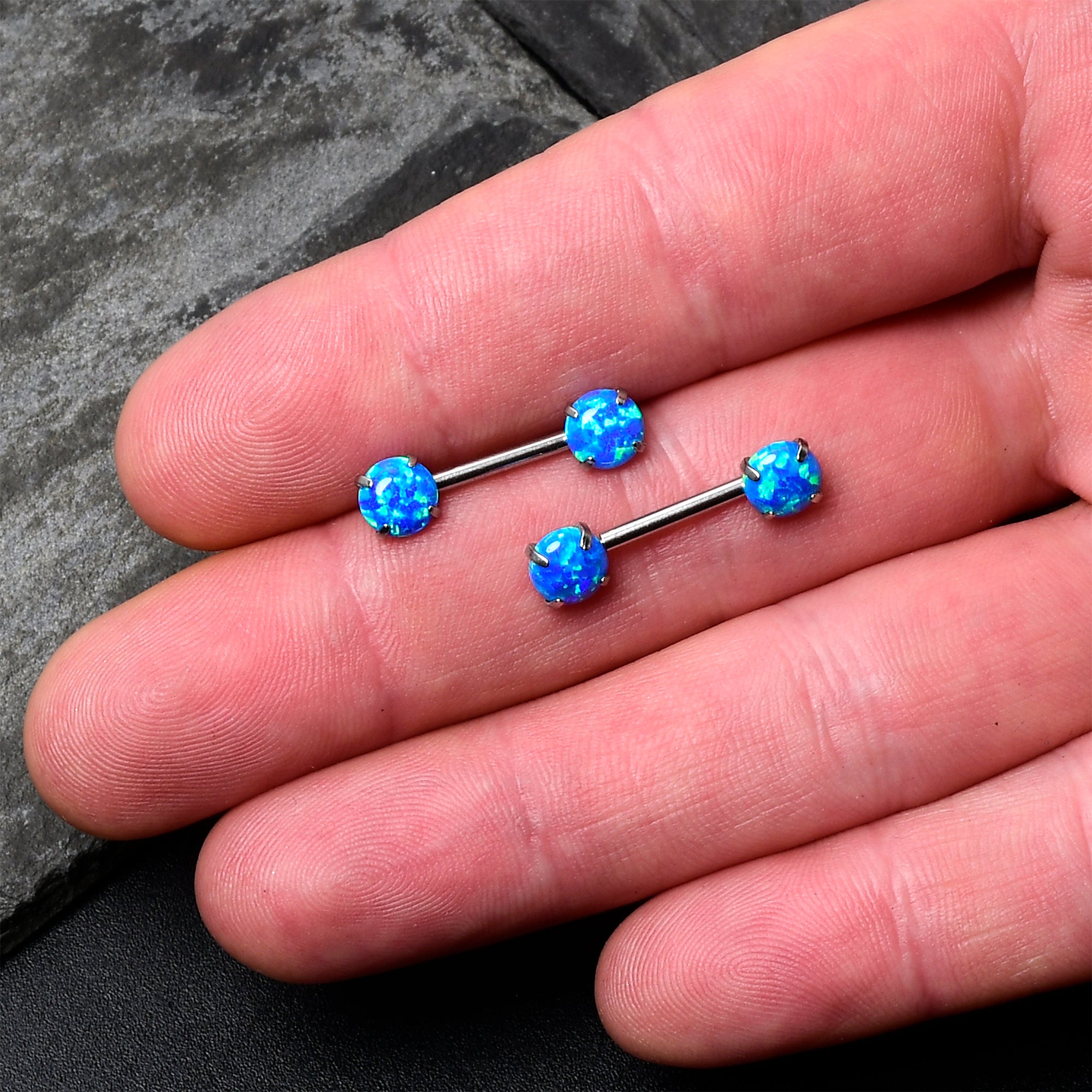 14 Gauge 1/2 Blue Synthetic Opal Threadless Barbell Nipple Ring Set