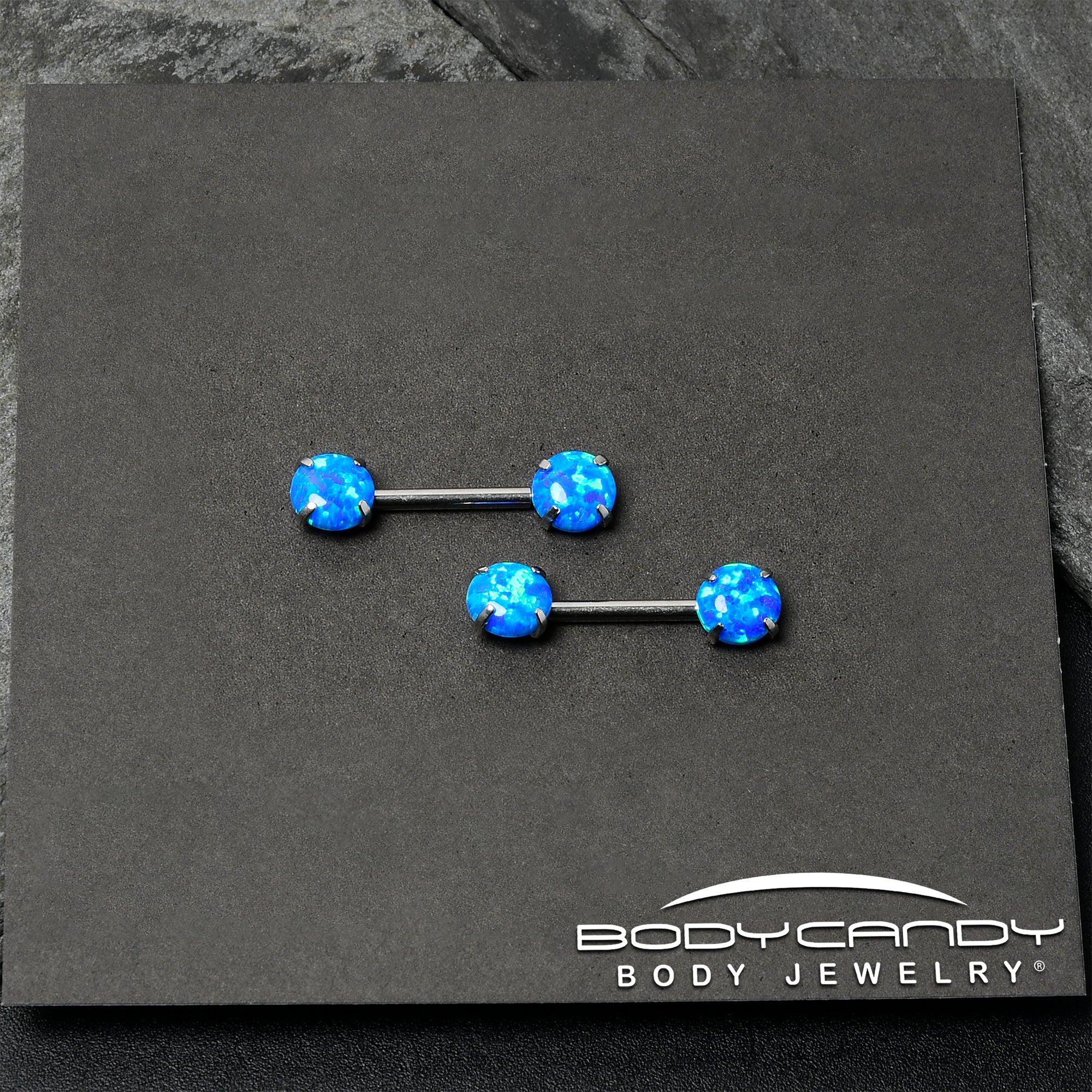 14 Gauge 1/2 Blue Synthetic Opal Threadless Barbell Nipple Ring Set