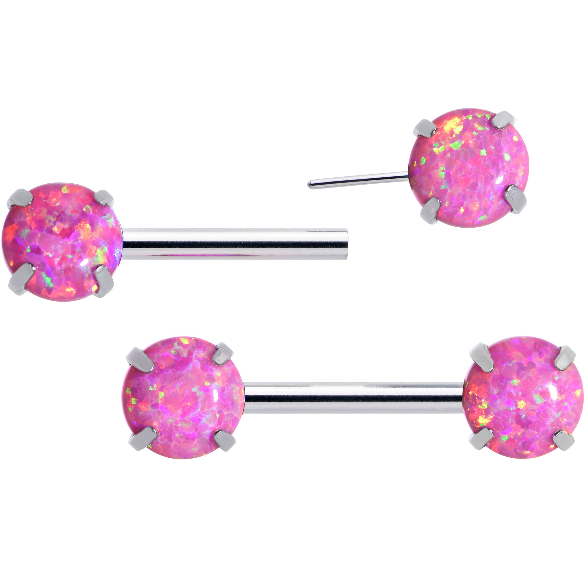 14 Gauge 1/2 Pink Synthetic Opal Threadless Barbell Nipple Ring Set