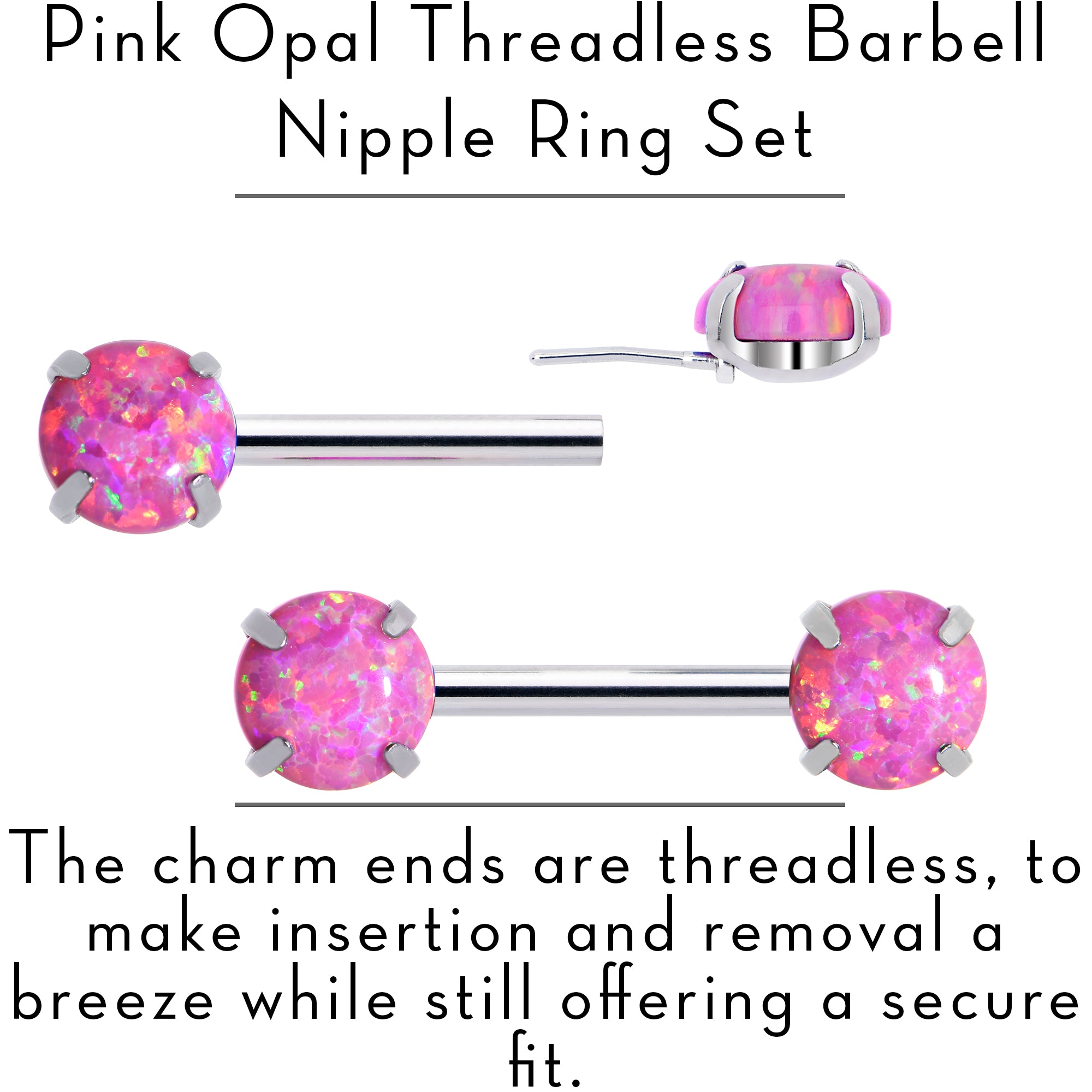 14 Gauge 1/2 Pink Synthetic Opal Threadless Barbell Nipple Ring Set