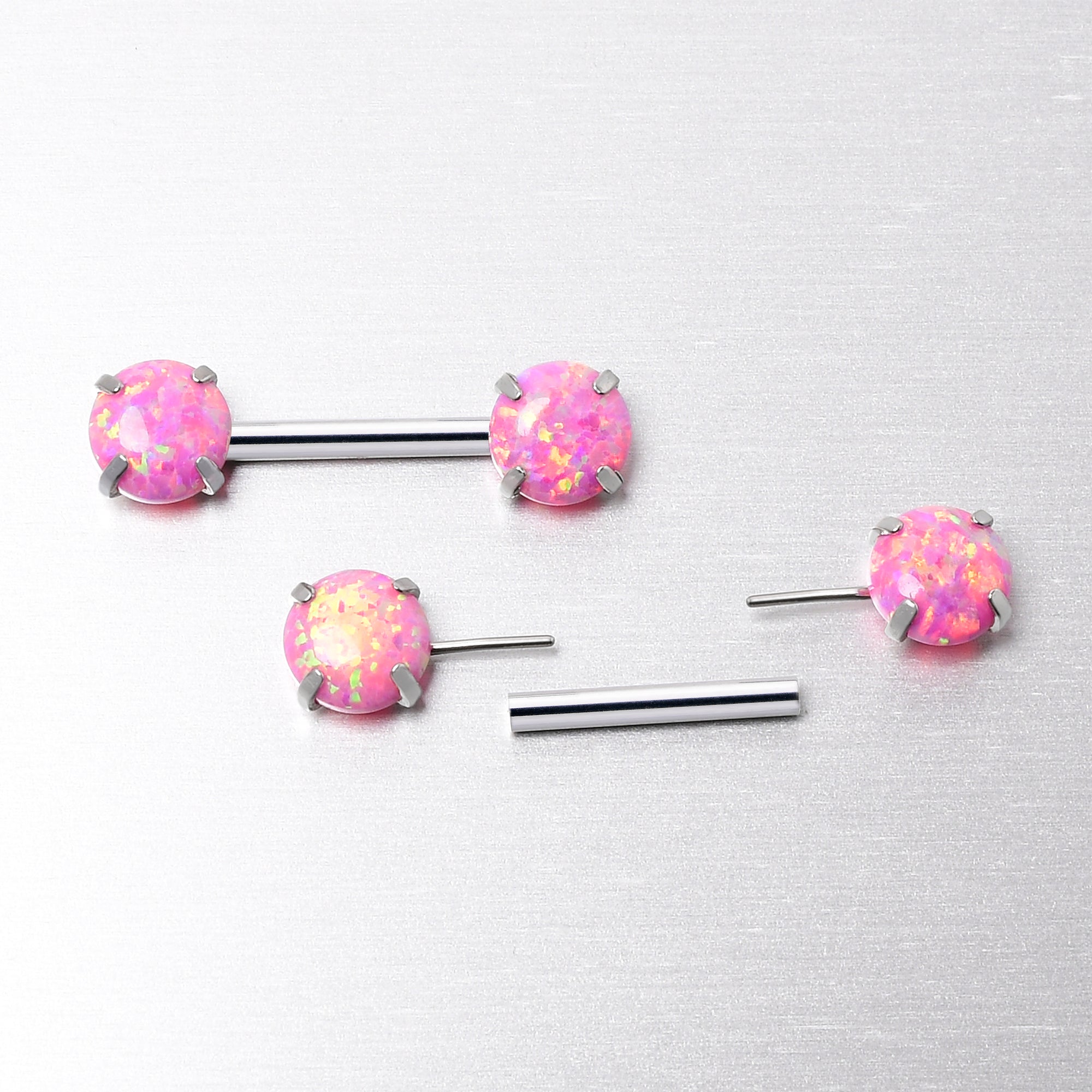 14 Gauge 1/2 Pink Synthetic Opal Threadless Barbell Nipple Ring Set