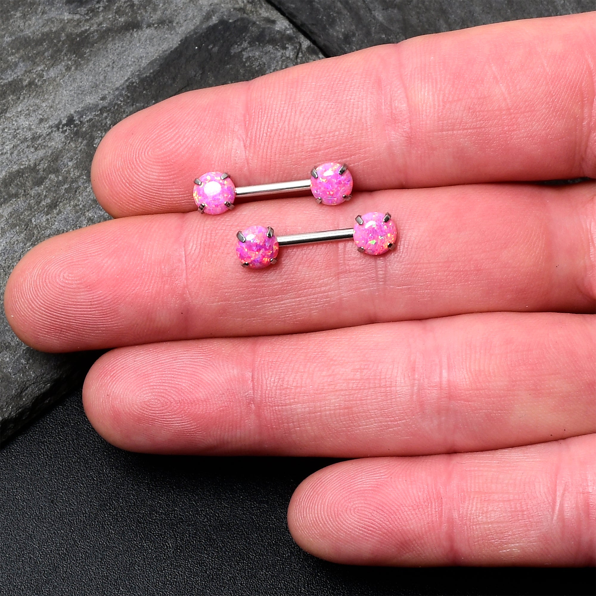 14 Gauge 1/2 Pink Synthetic Opal Threadless Barbell Nipple Ring Set