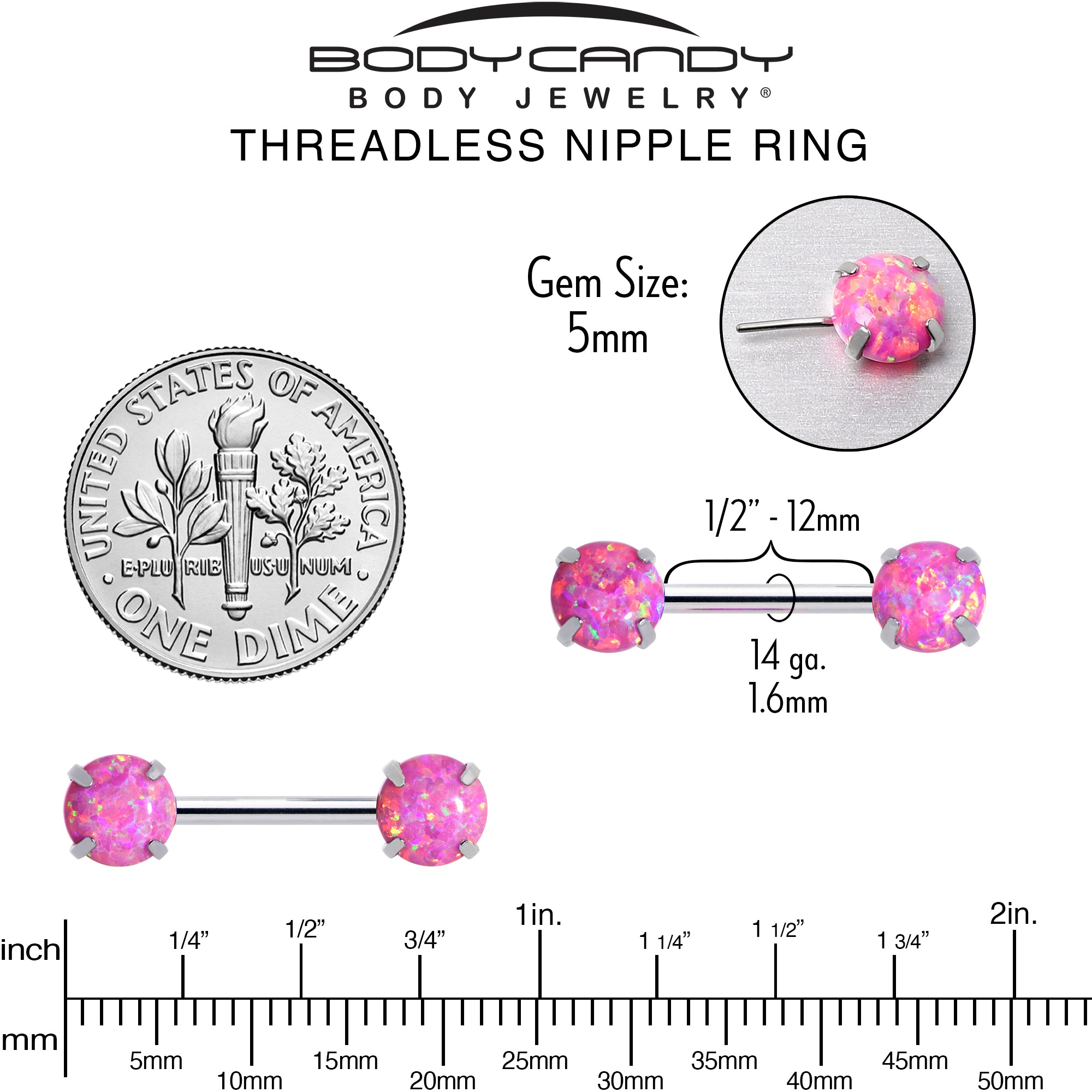 14 Gauge 1/2 Pink Synthetic Opal Threadless Barbell Nipple Ring Set