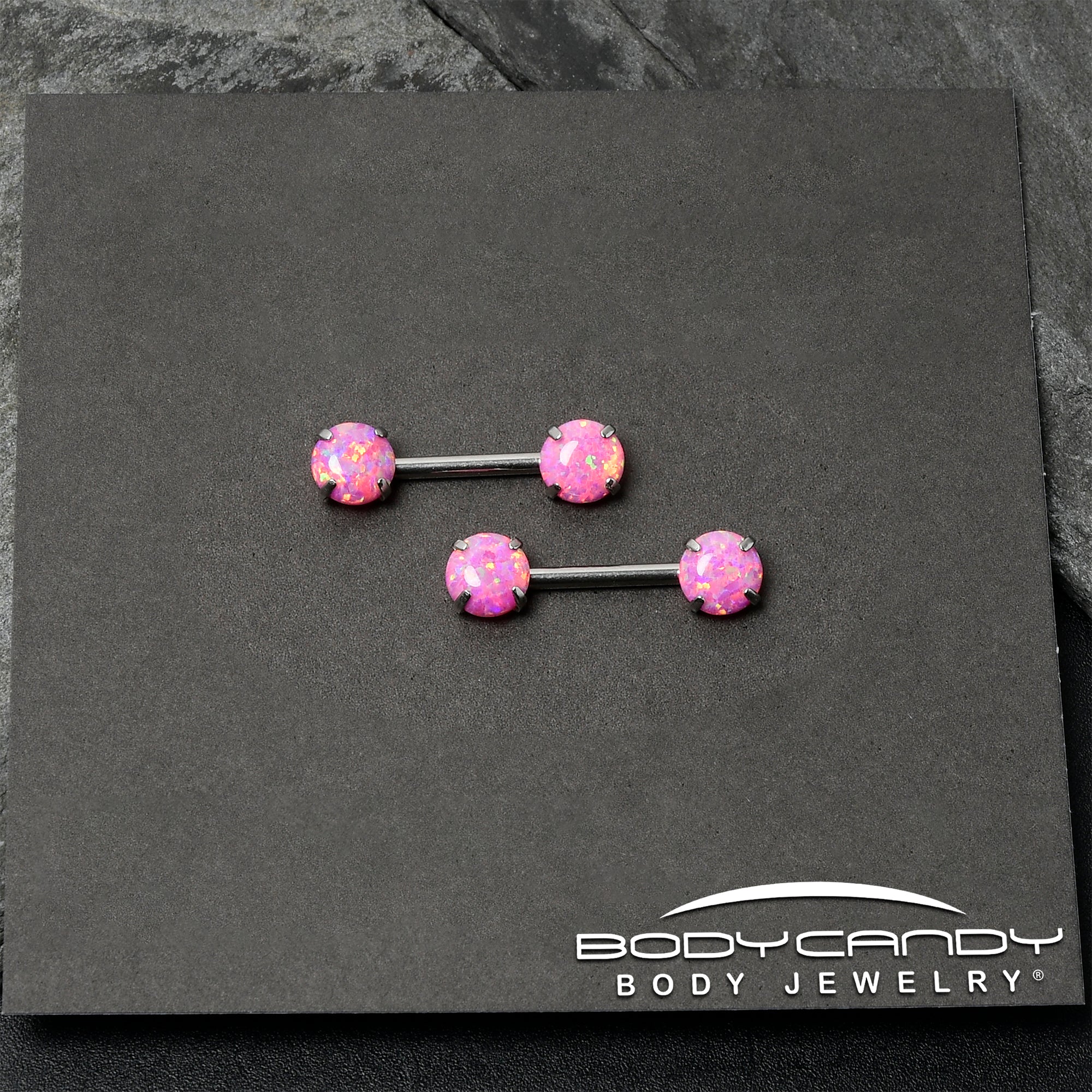 14 Gauge 1/2 Pink Synthetic Opal Threadless Barbell Nipple Ring Set