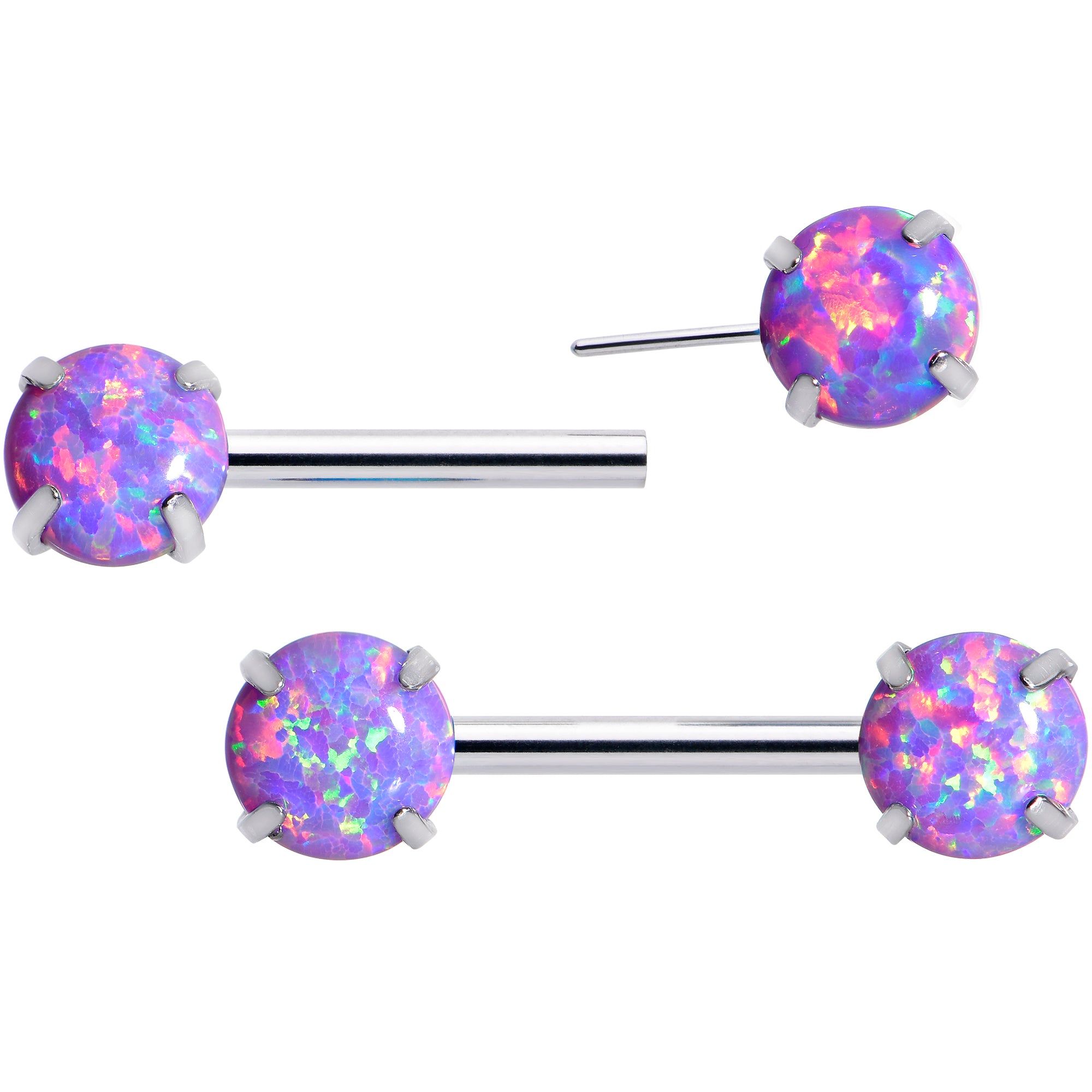 14 Gauge 1/2 Purple Synthetic Opal Threadless Barbell Nipple Ring Set