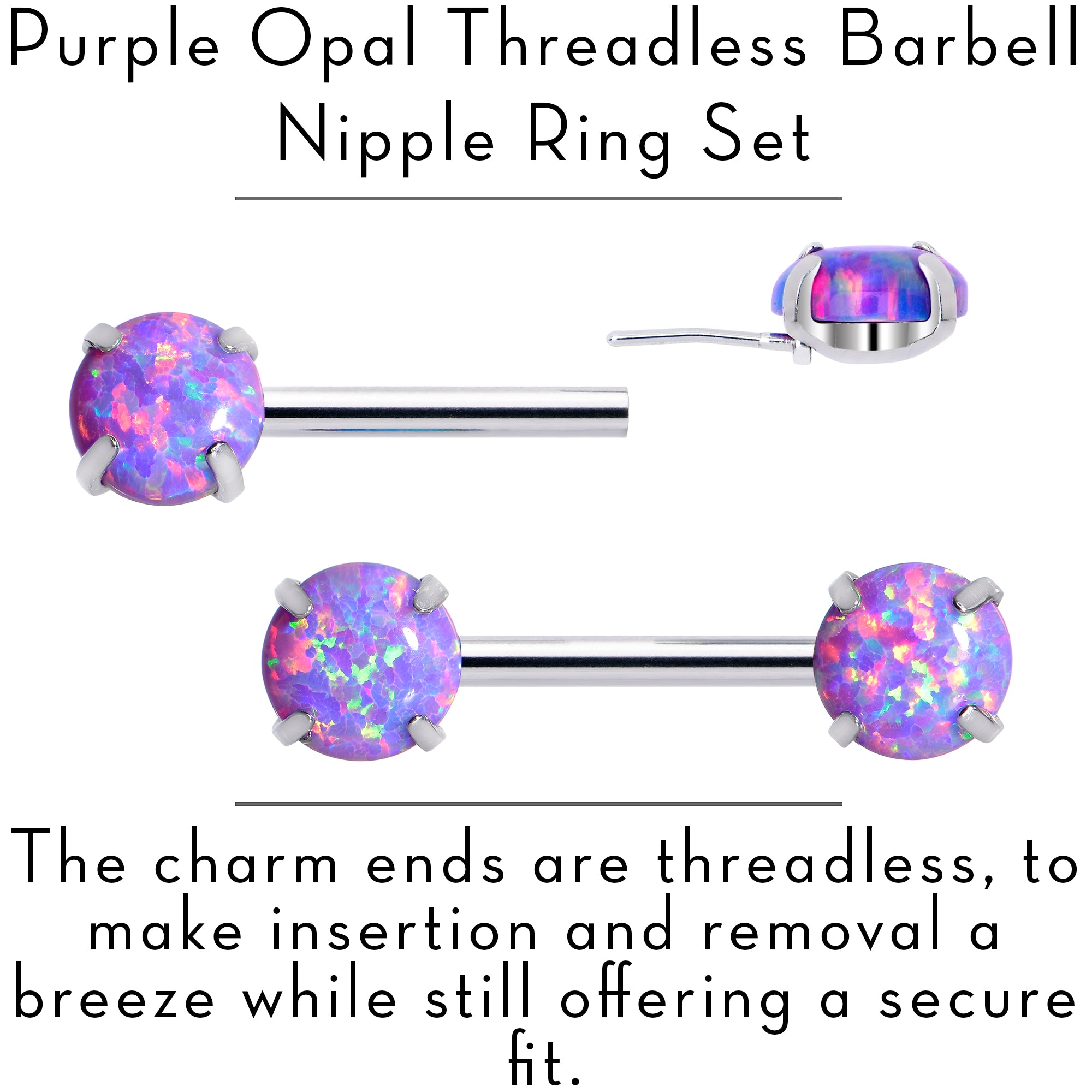 14 Gauge 1/2 Purple Synthetic Opal Threadless Barbell Nipple Ring Set