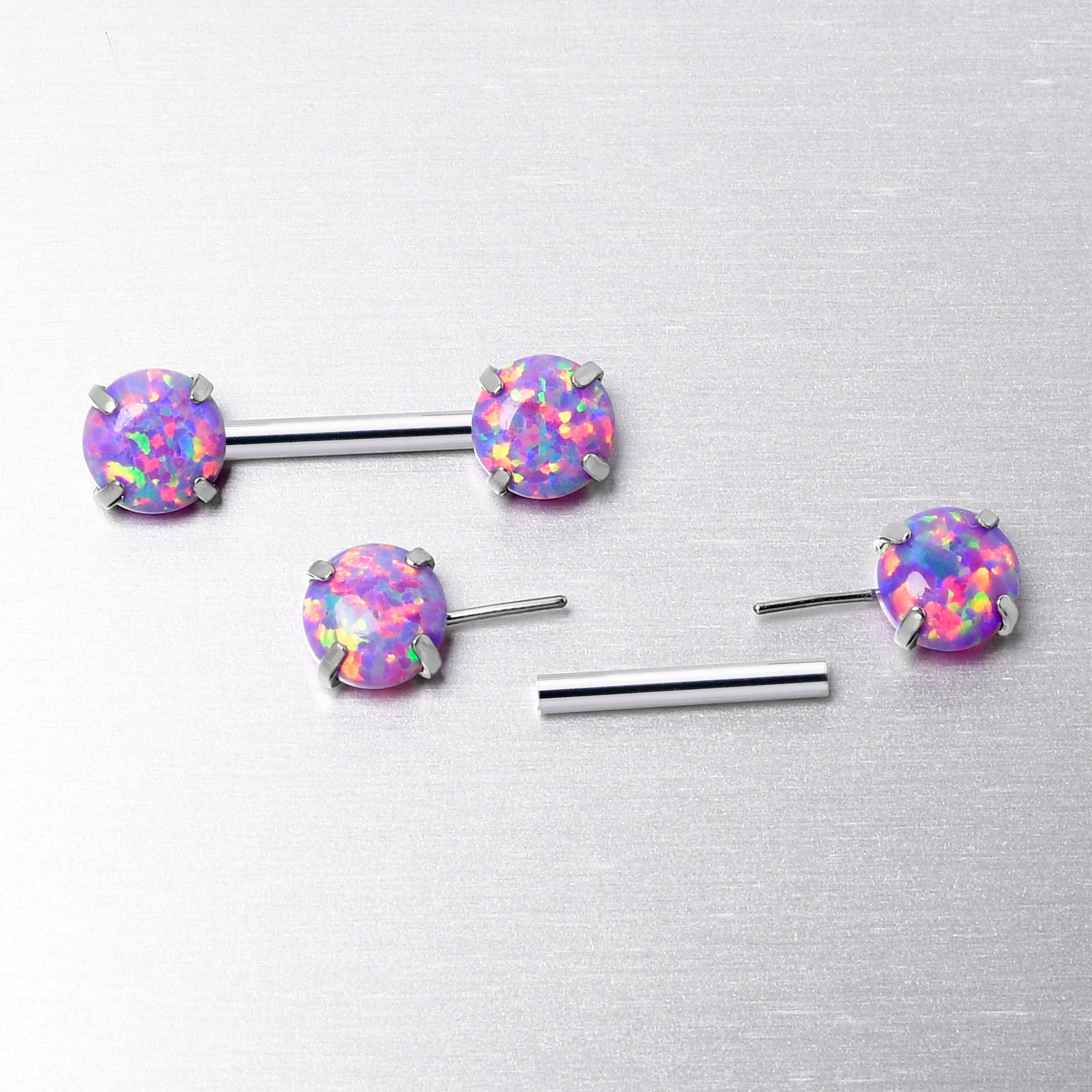 14 Gauge 1/2 Purple Synthetic Opal Threadless Barbell Nipple Ring Set