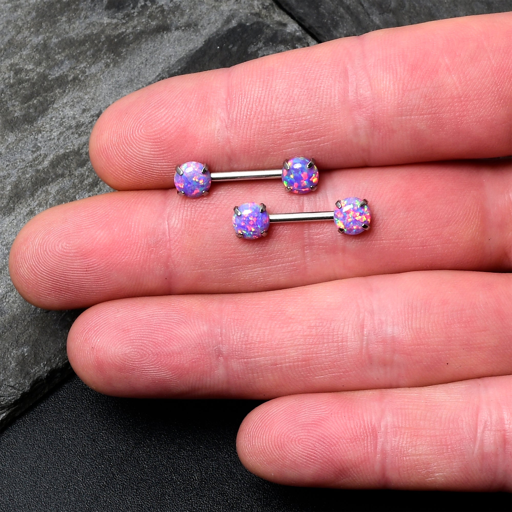 14 Gauge 1/2 Purple Synthetic Opal Threadless Barbell Nipple Ring Set