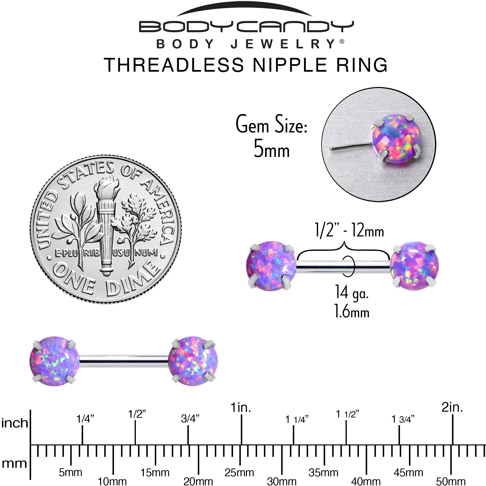 14 Gauge 1/2 Purple Synthetic Opal Threadless Barbell Nipple Ring Set