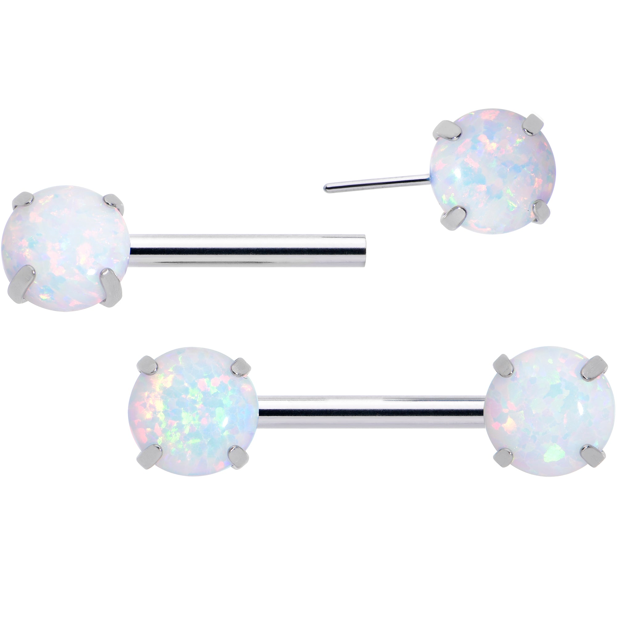 14 Gauge 1/2 White Synthetic Opal Threadless Barbell Nipple Ring Set