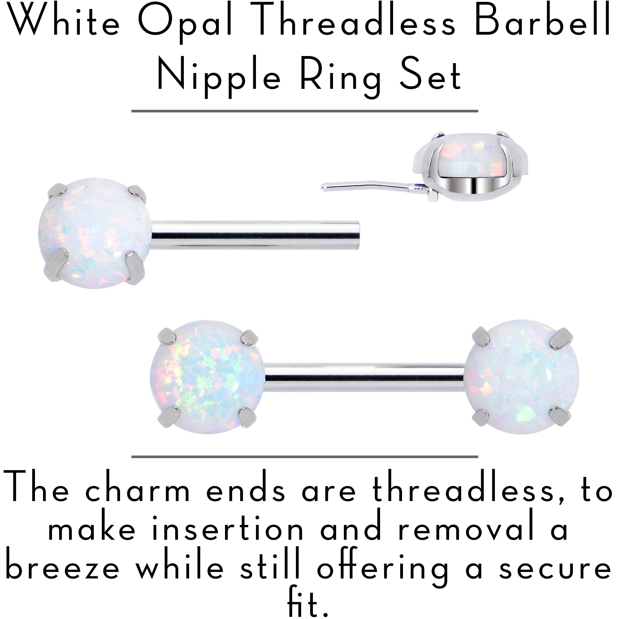 14 Gauge 1/2 White Synthetic Opal Threadless Barbell Nipple Ring Set