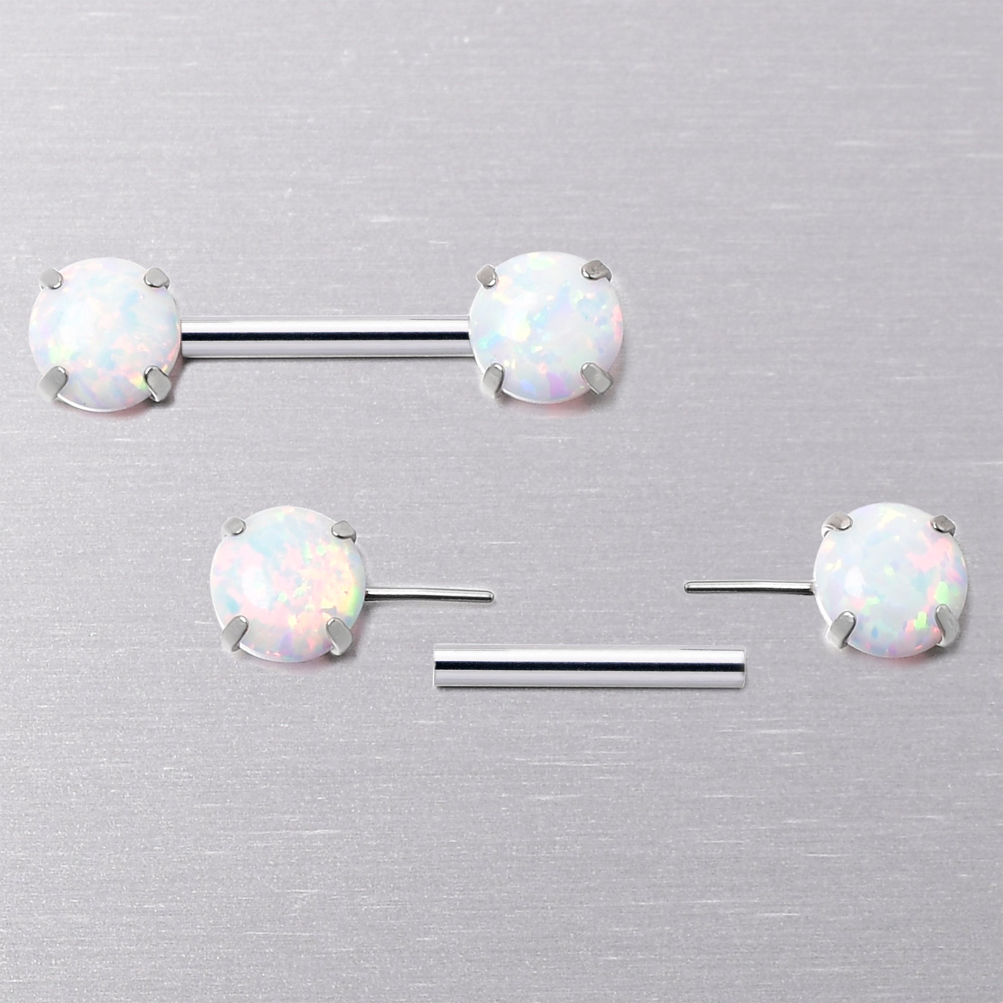 14 Gauge 1/2 White Synthetic Opal Threadless Barbell Nipple Ring Set