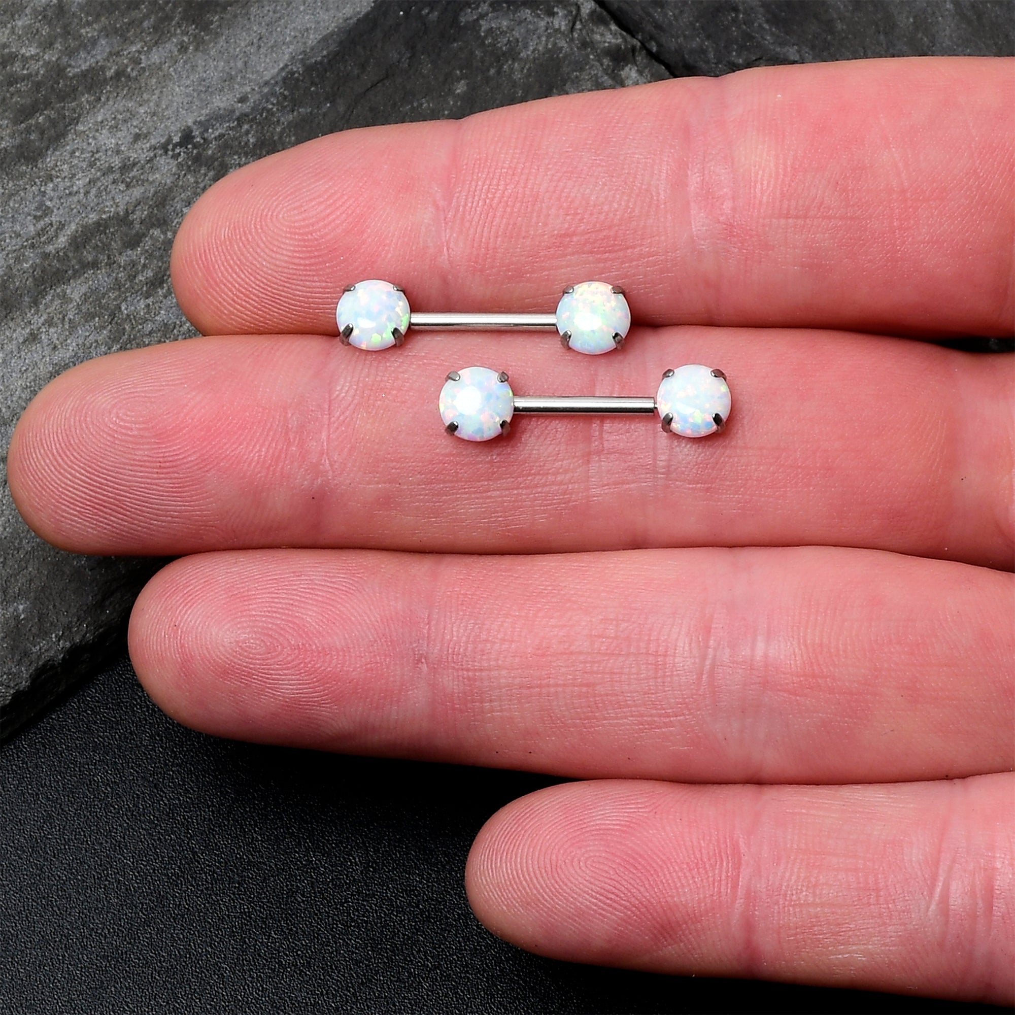 14 Gauge 1/2 White Synthetic Opal Threadless Barbell Nipple Ring Set