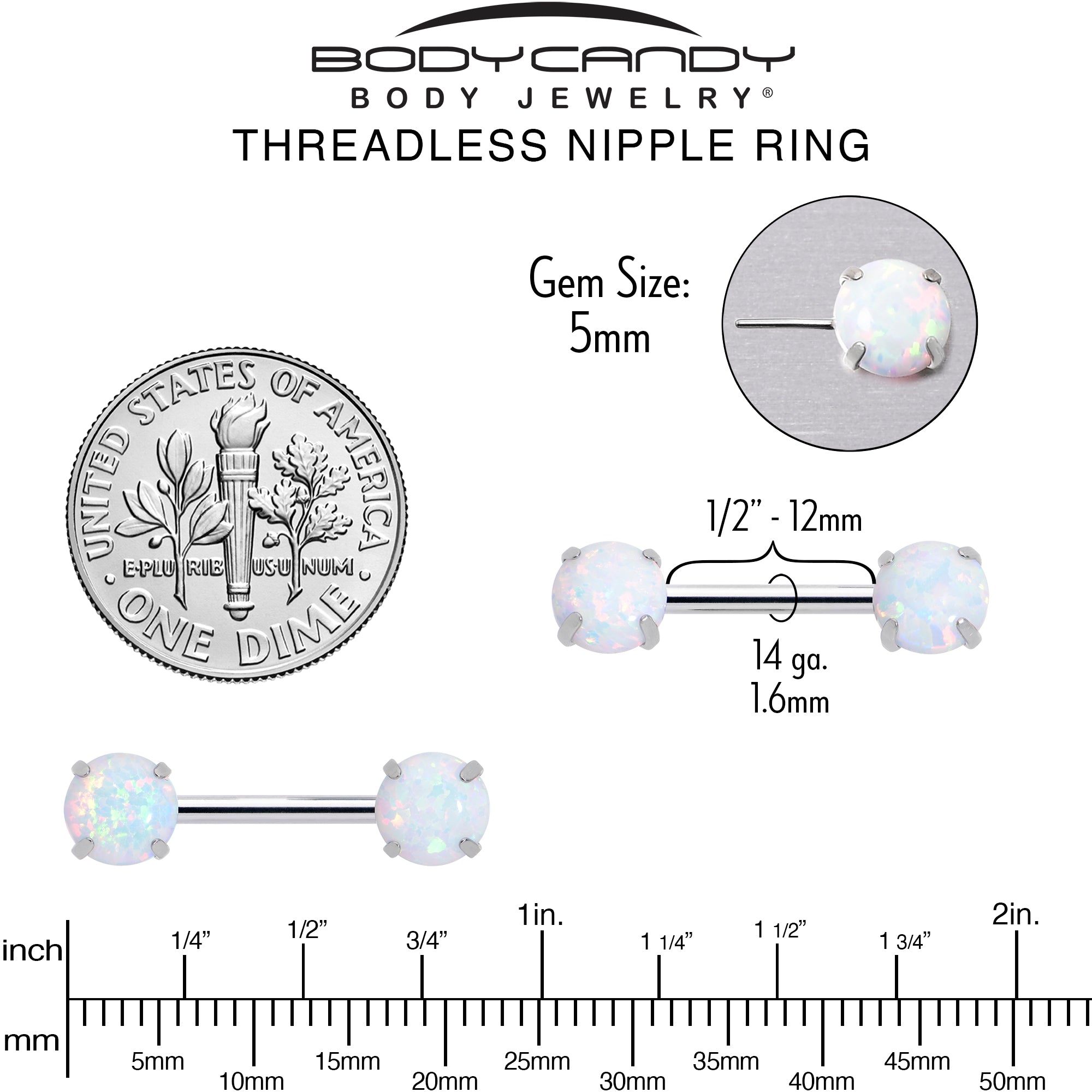 14 Gauge 1/2 White Synthetic Opal Threadless Barbell Nipple Ring Set