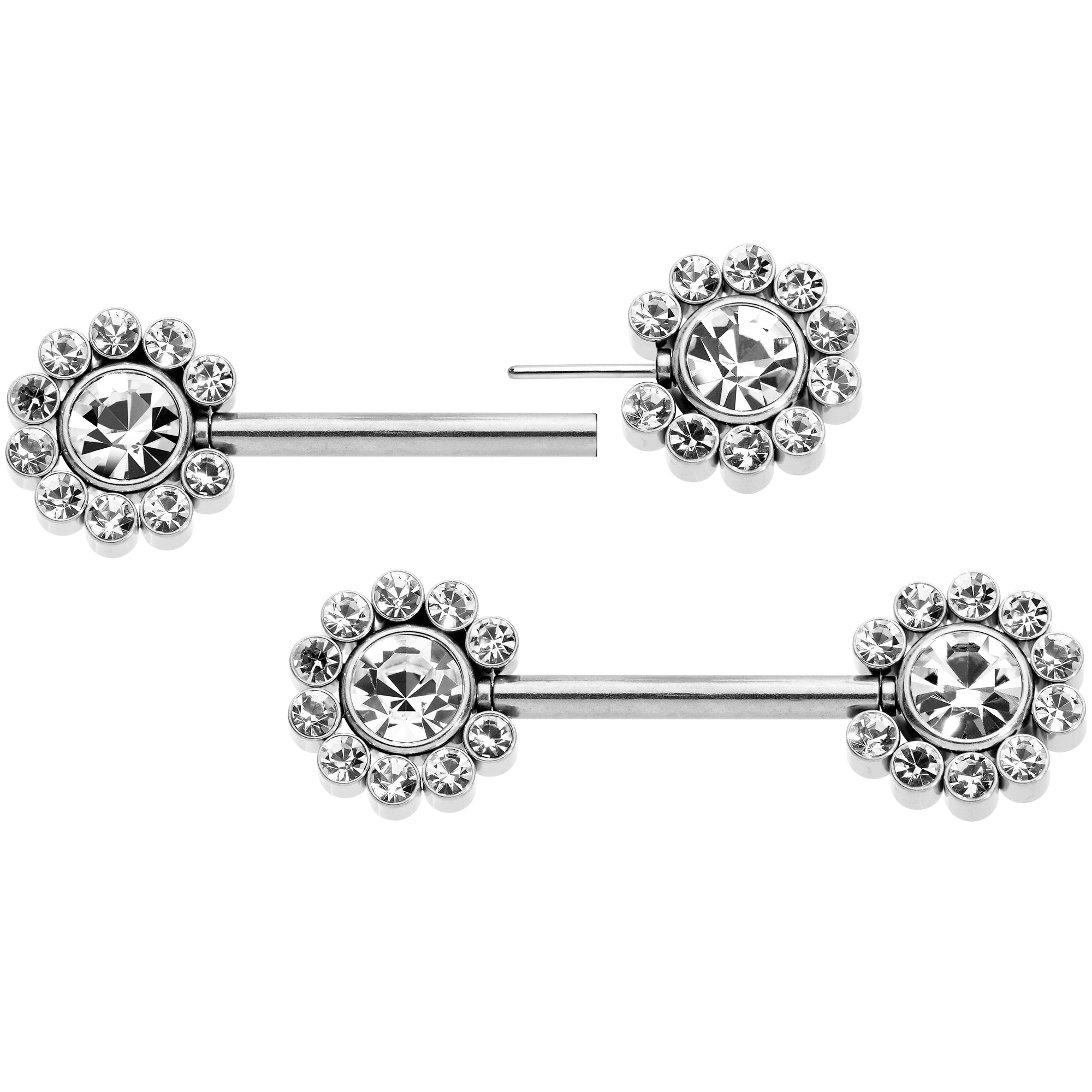 14 Gauge 9/16 Clear CZ Gem Flower Threadless Barbell Nipple Ring Set