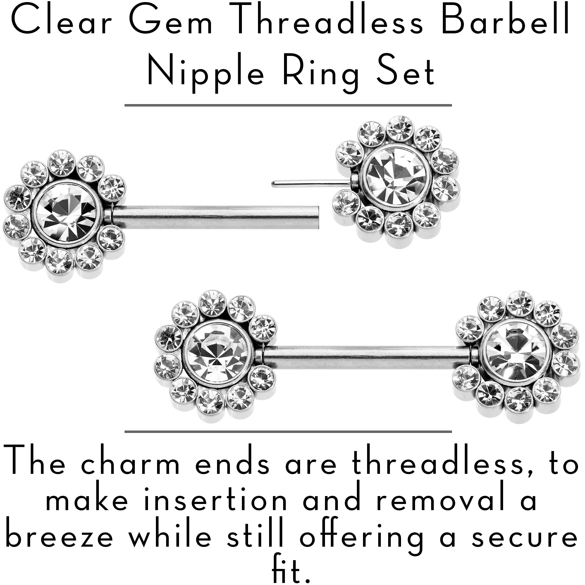 14 Gauge 9/16 Clear CZ Gem Flower Threadless Barbell Nipple Ring Set