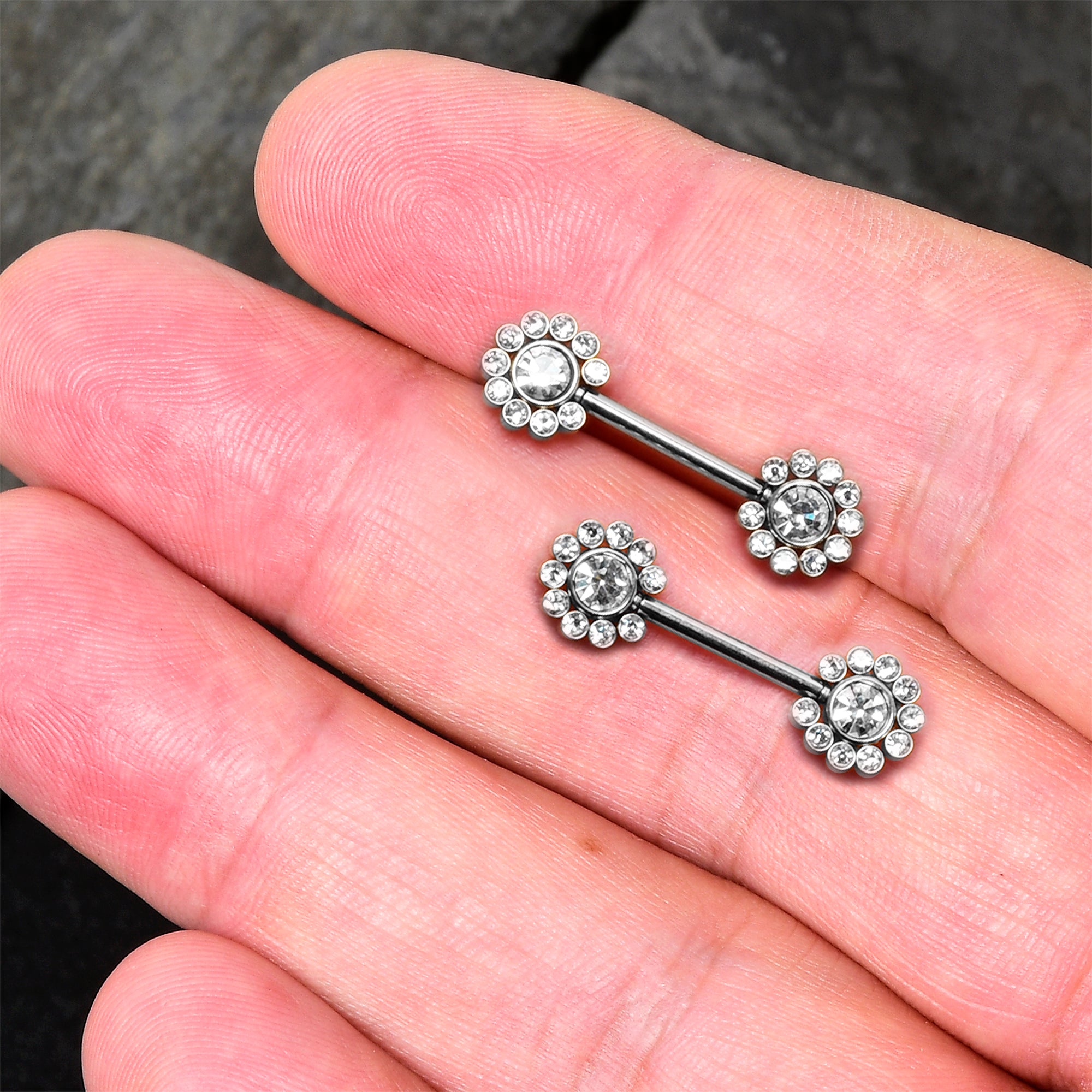 14 Gauge 9/16 Clear CZ Gem Flower Threadless Barbell Nipple Ring Set