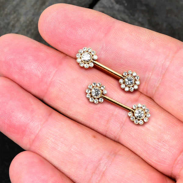 A Pair of 14 Karat Gold Prong Set Gem Sparkle Nipple Barbell-Clear Gem 