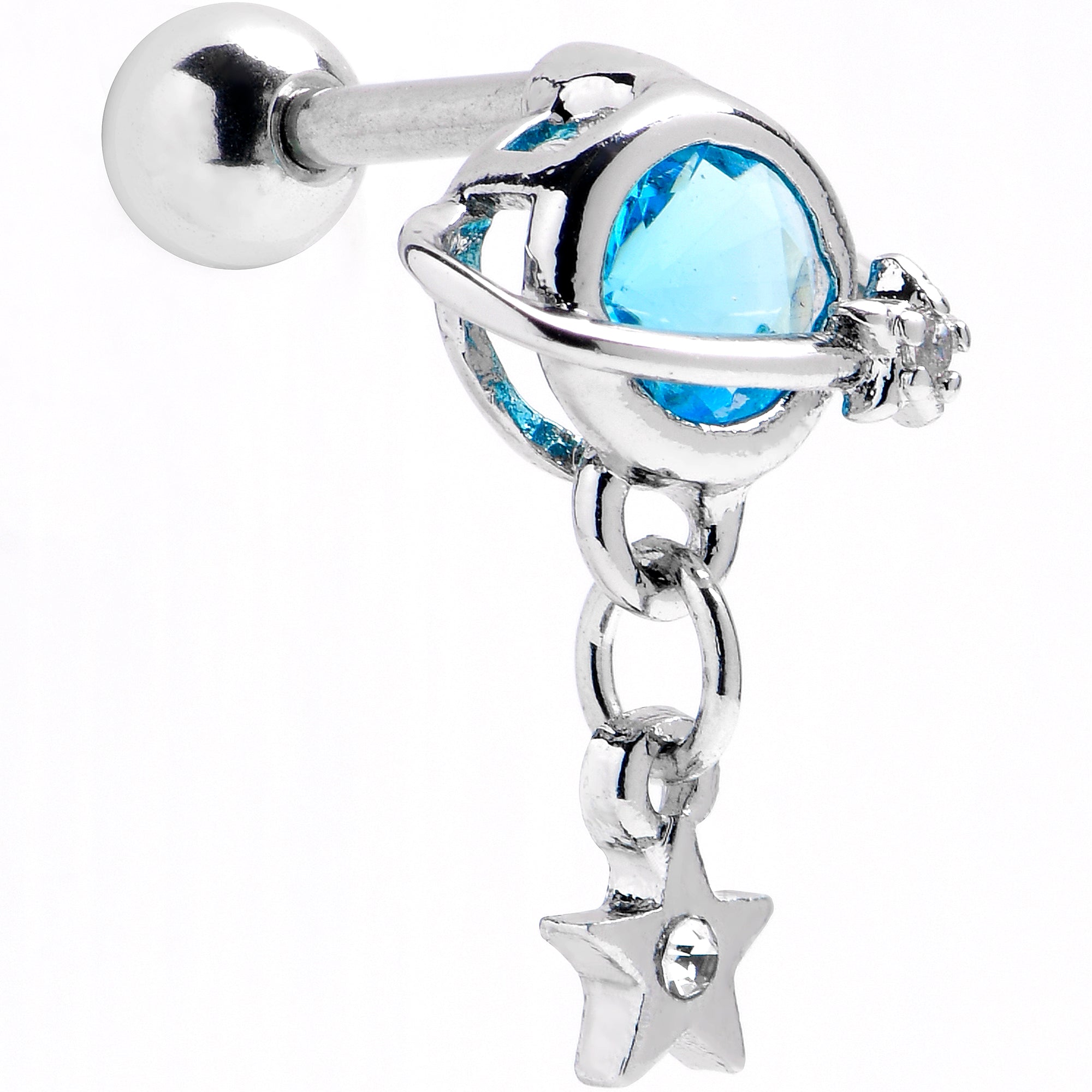 16 Gauge 1/4 Blue CZ Gem Starry Saturn Dangle Cartilage Tragus Earring