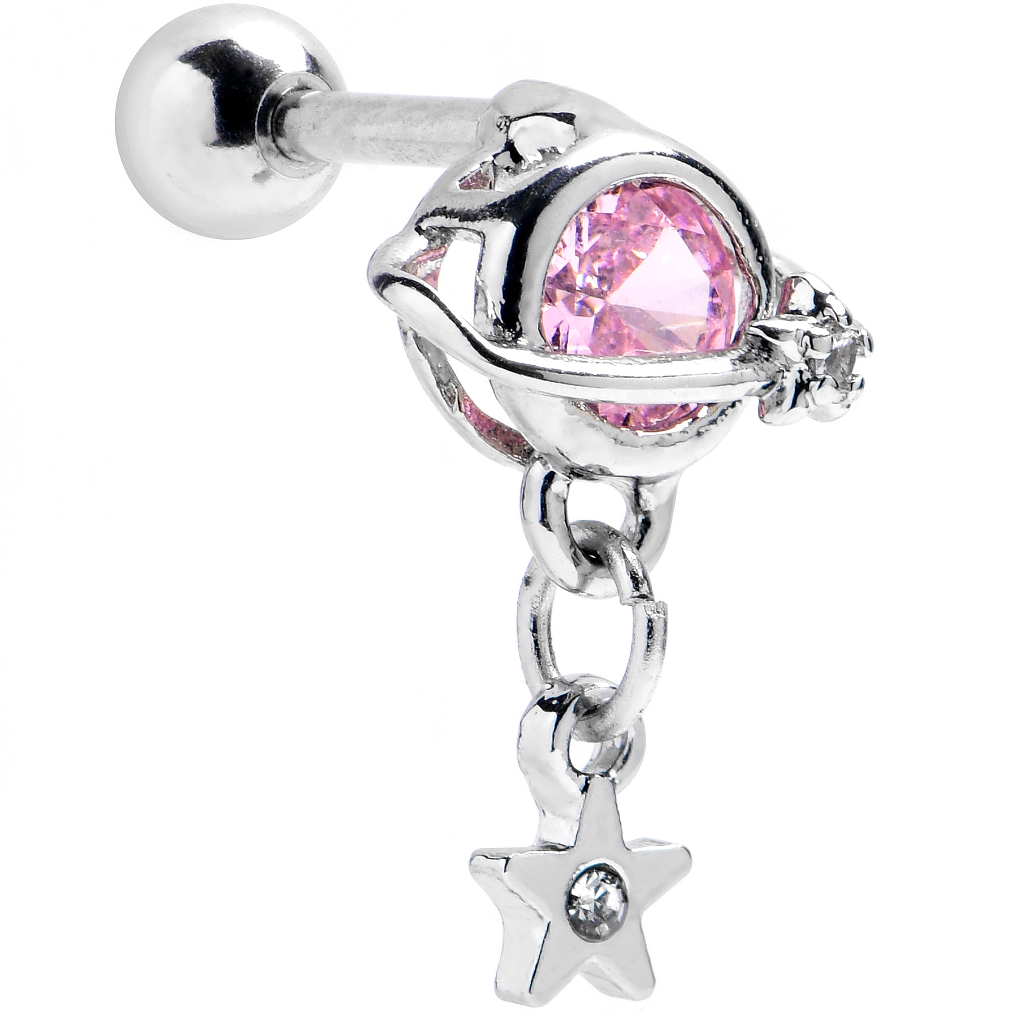 16 Gauge 1/4 Pink CZ Gem Starry Saturn Dangle Cartilage Tragus Earring