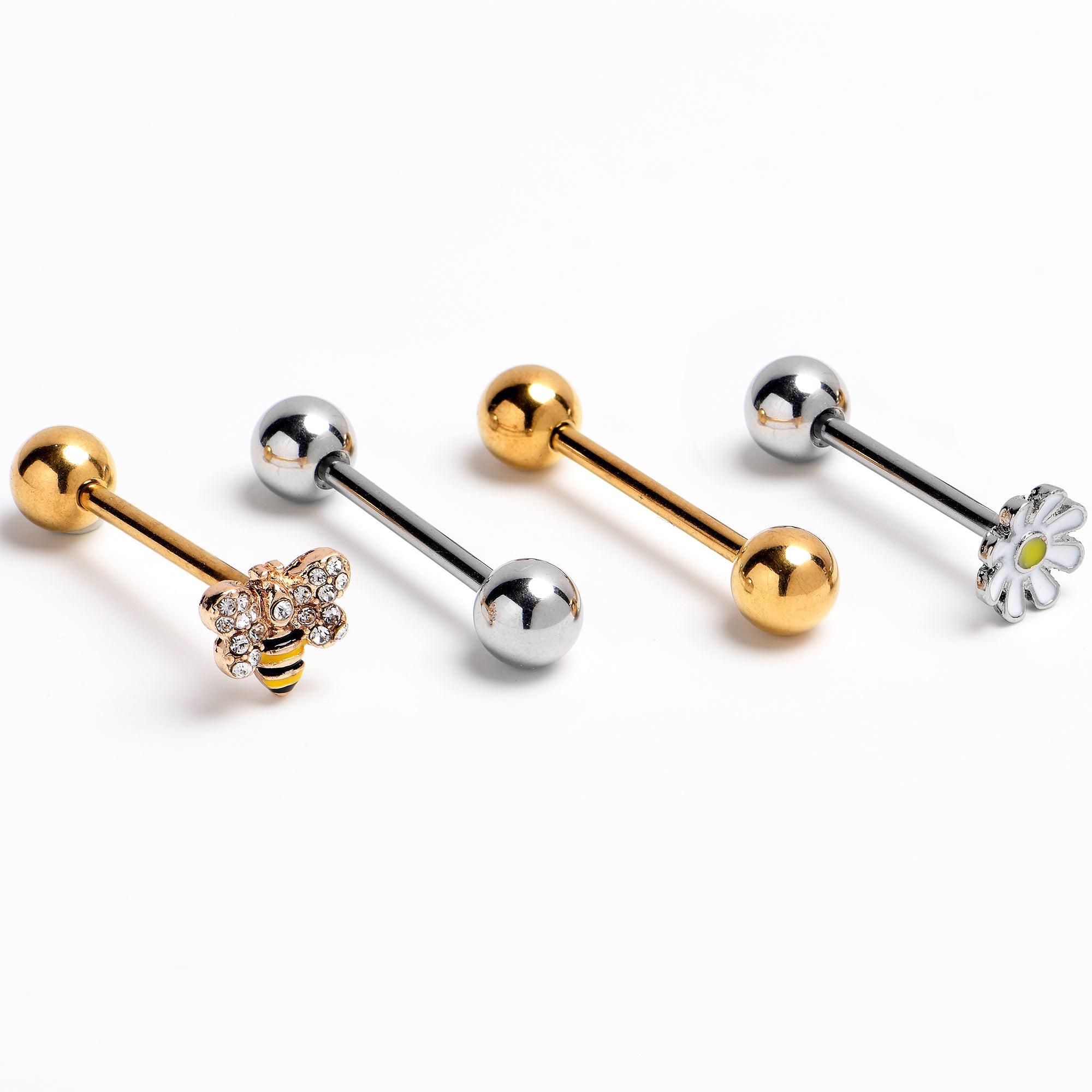 Clear Gem Gold Tone Daisy Bee Barbell Tongue Ring Set of 4