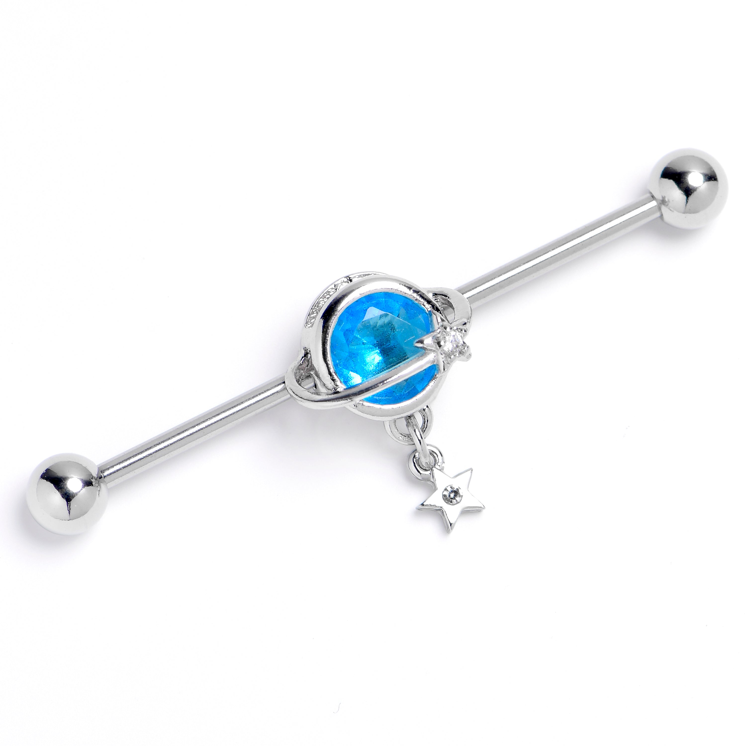 14 Gauge Blue Clear Gem Starry Saturn Industrial Barbell 38mm