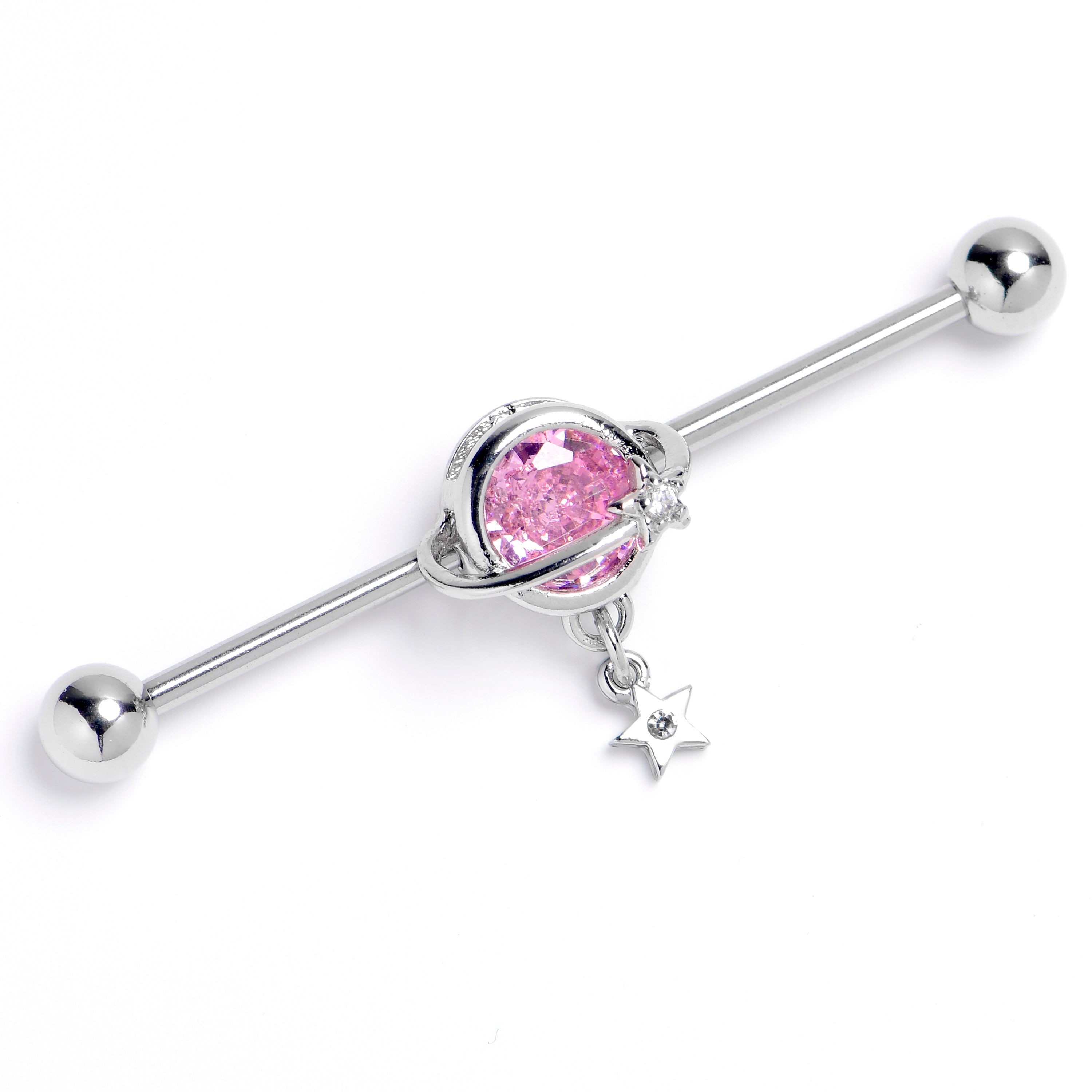 14 Gauge Pink Clear Gem Starry Saturn Dangle Industrial Barbell 38mm