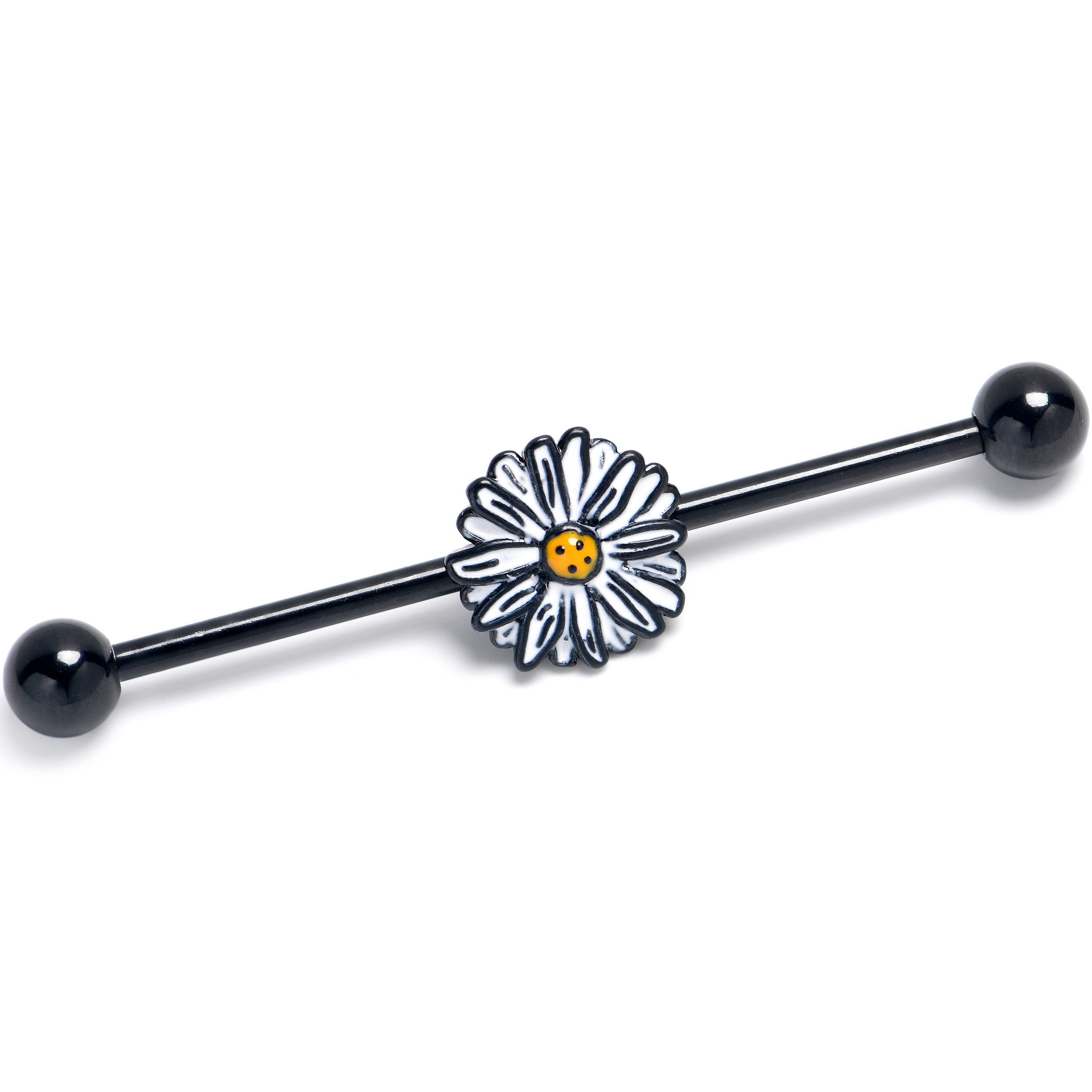 14 Gauge Black Pretty Daisy Flower Industrial Barbell 38mm