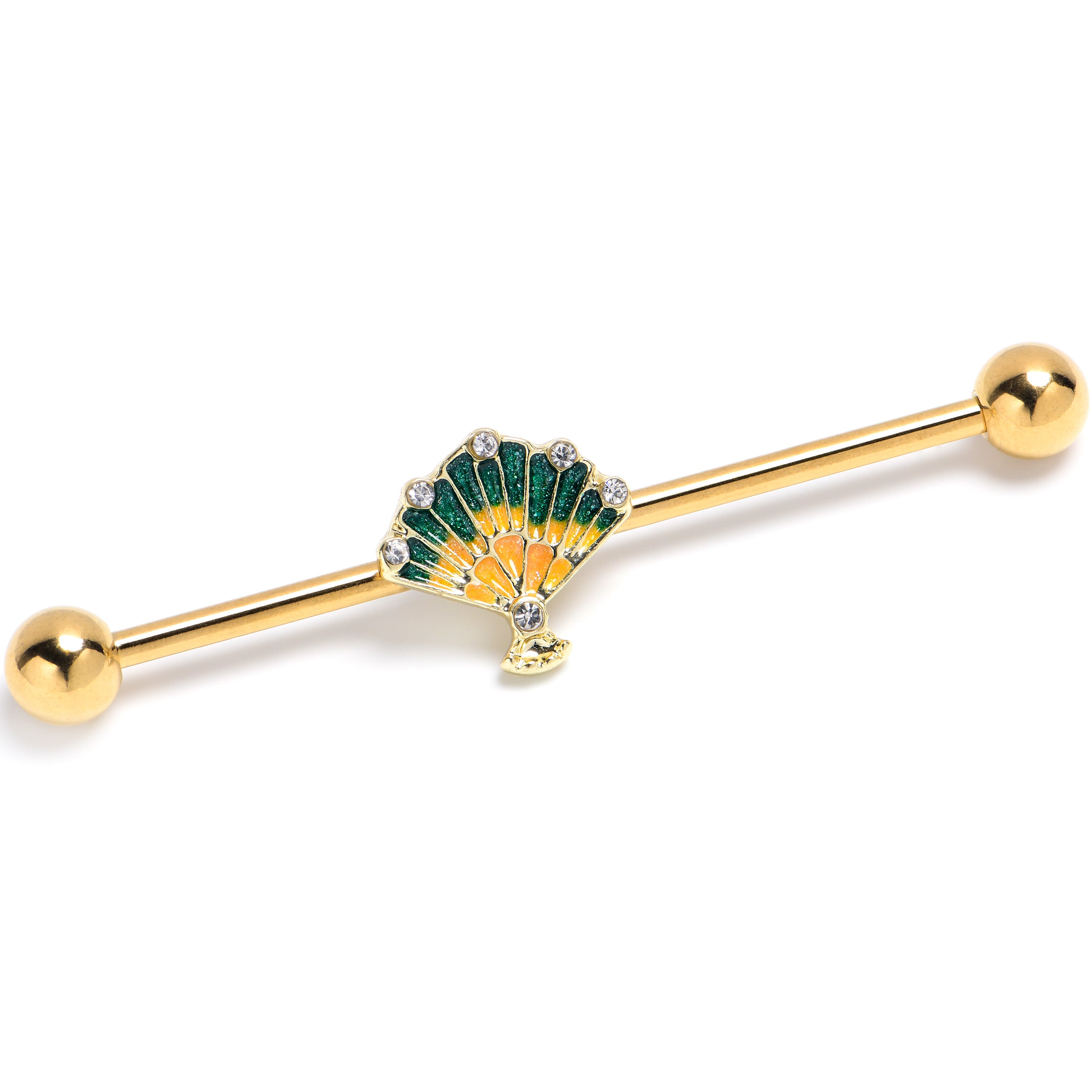 14 Gauge Clear CZ Gem Gold Tone Glamour Fan Industrial Barbell 38mm