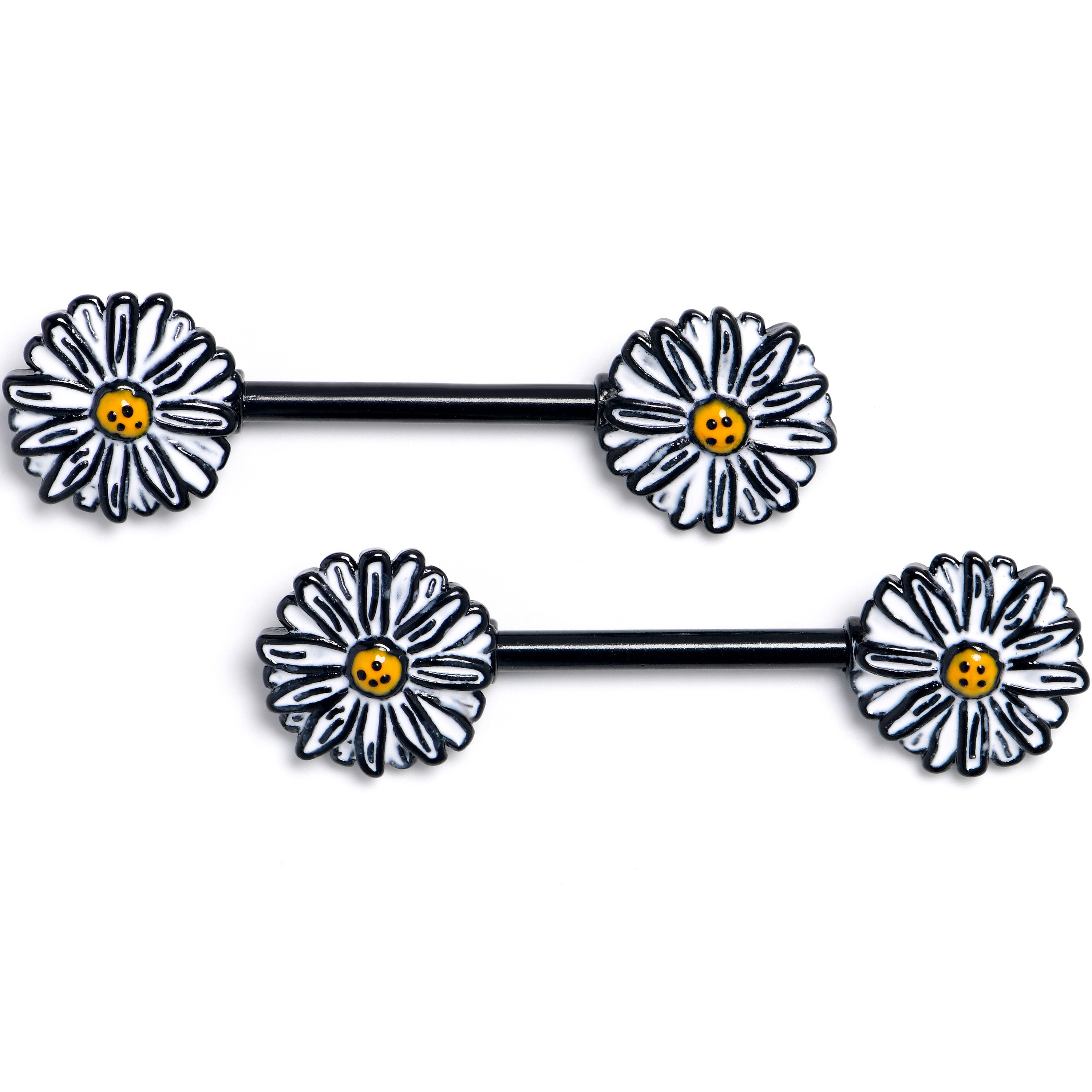 14 Gauge 9/16 Black Pretty Daisy Flower Barbell Nipple Ring Set