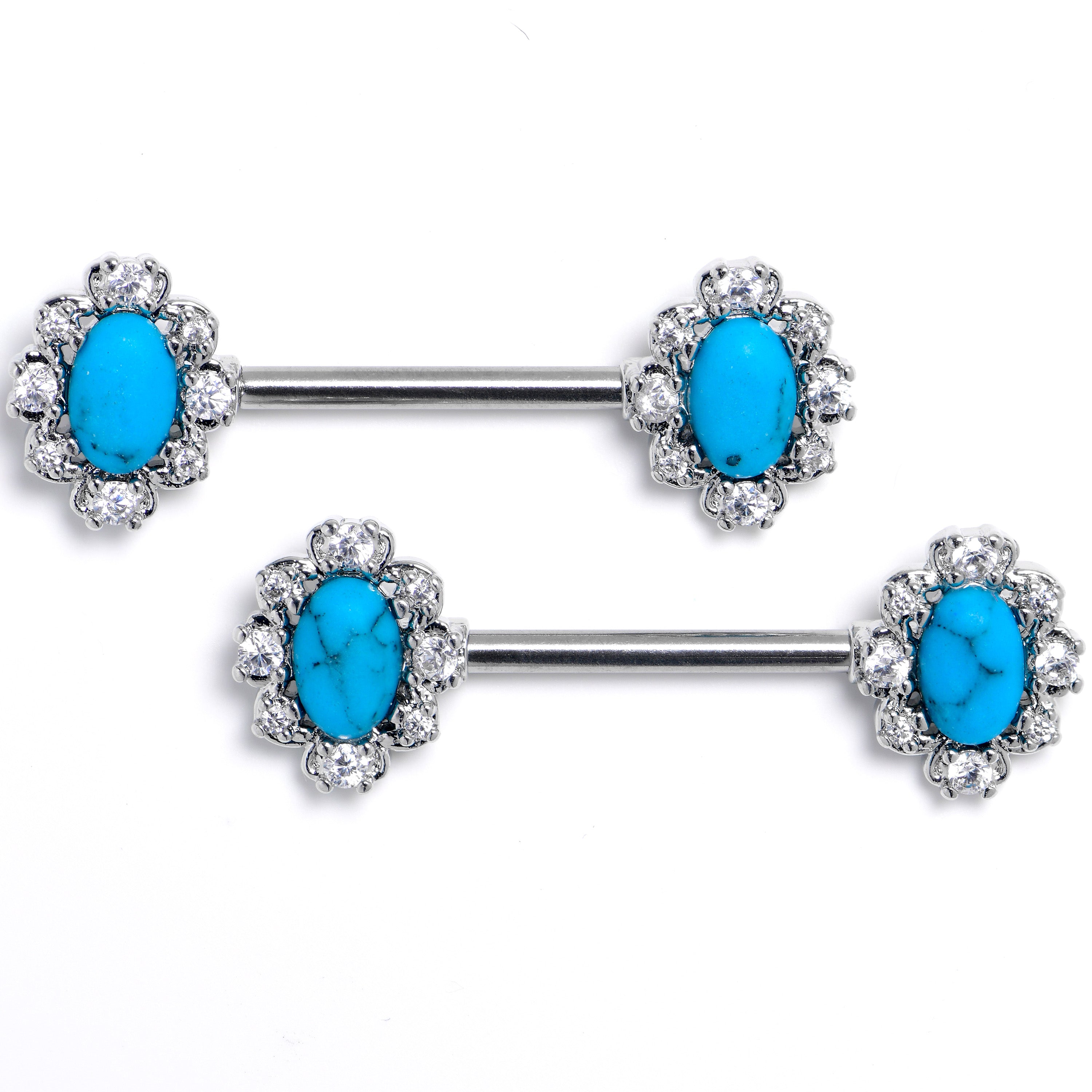 14 Gauge 9/16 Blue Turquoise Stone Filigree Square Nipple Ring Set