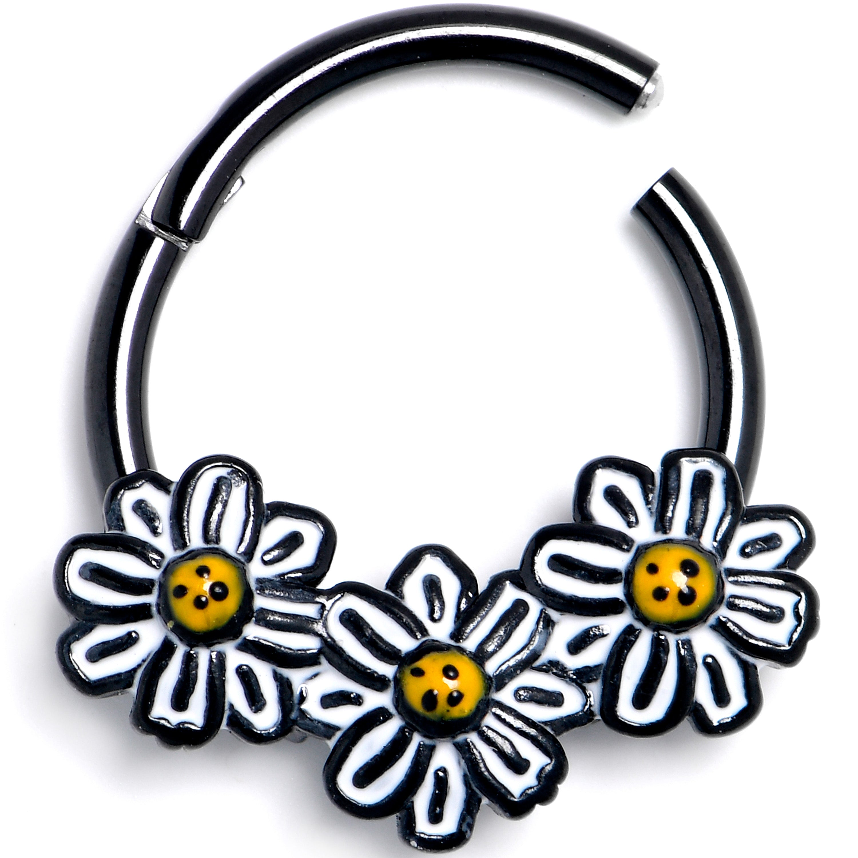 16 Gauge 3/8 Black Pretty Daisy Flowers Hinged Segment Ring