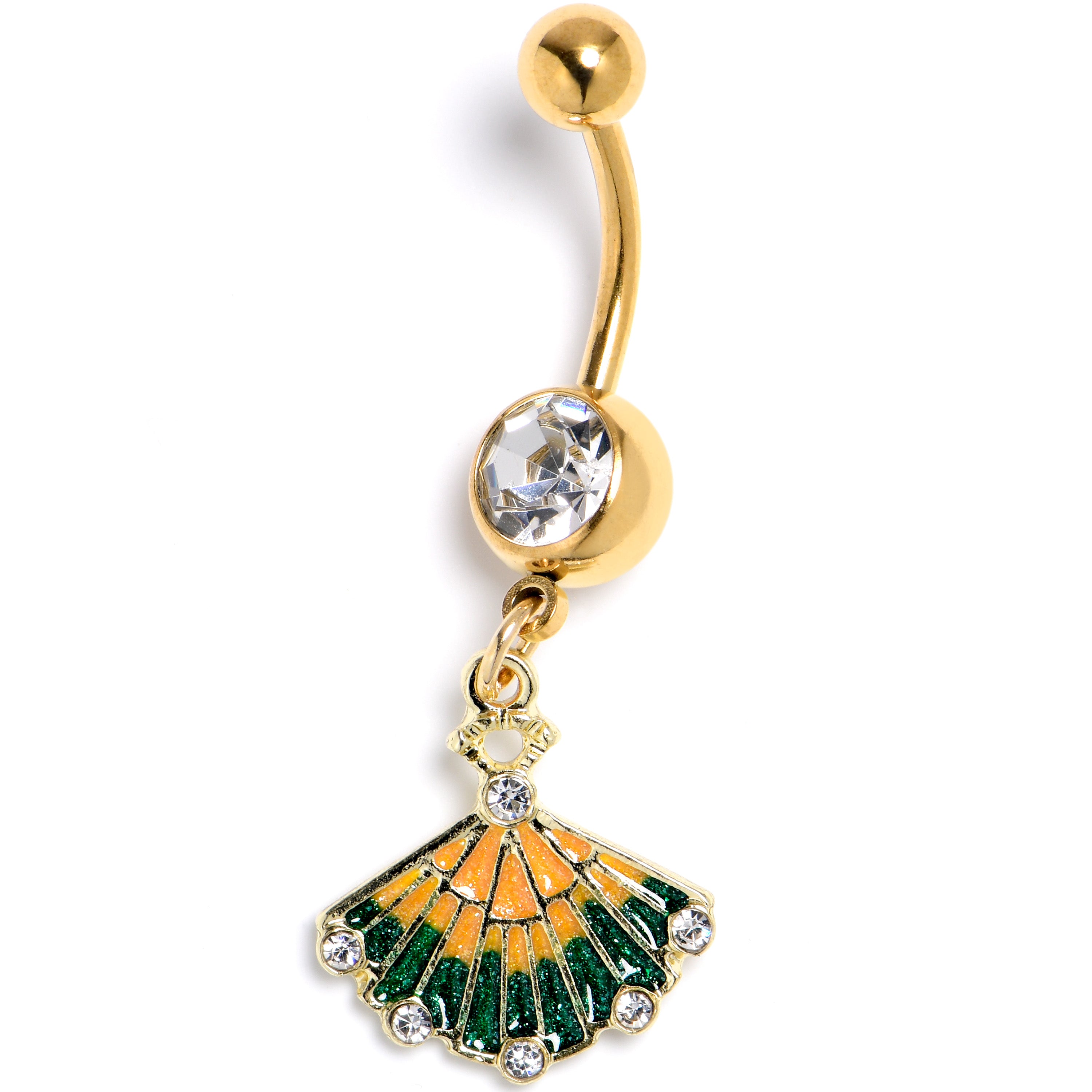 Clear CZ Gem Gold Tone Glamour Fan Dangle Belly Ring