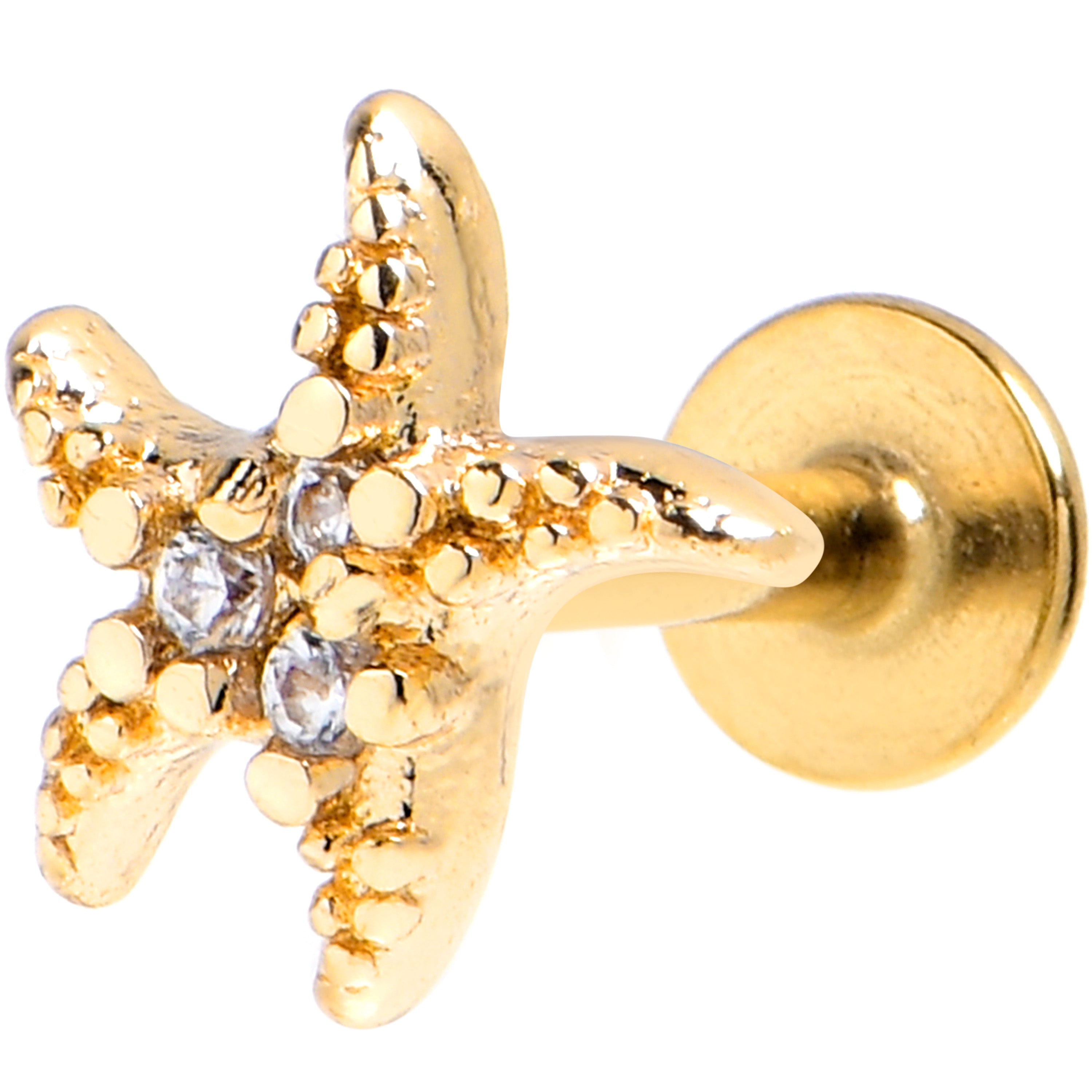 16 Gauge 1/4 Clear Gem Gold Tone Lush Starfish Labret Tragus