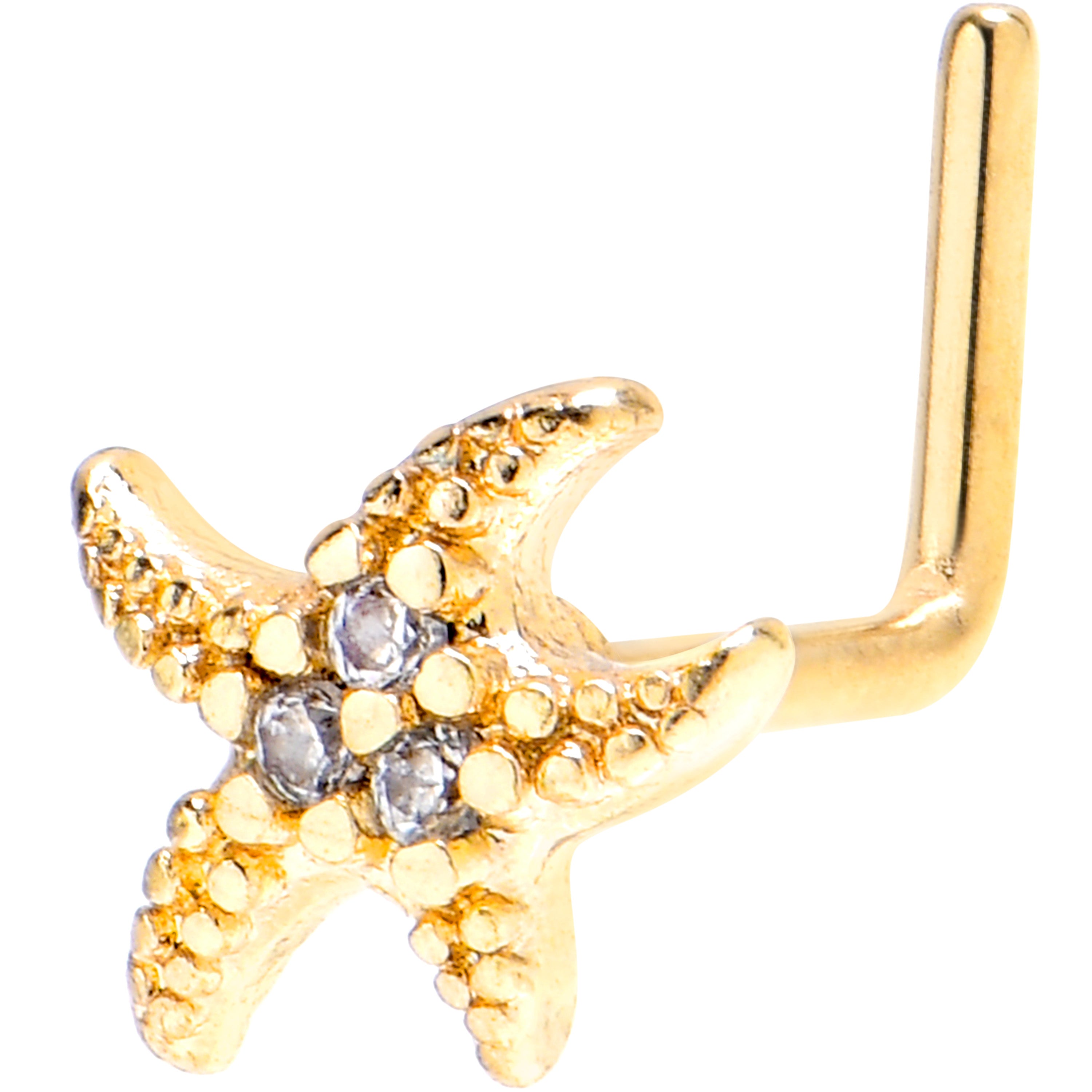 20 Gauge 7mm Clear Gem Gold Tone Lush Starfish L Shape Nose Ring