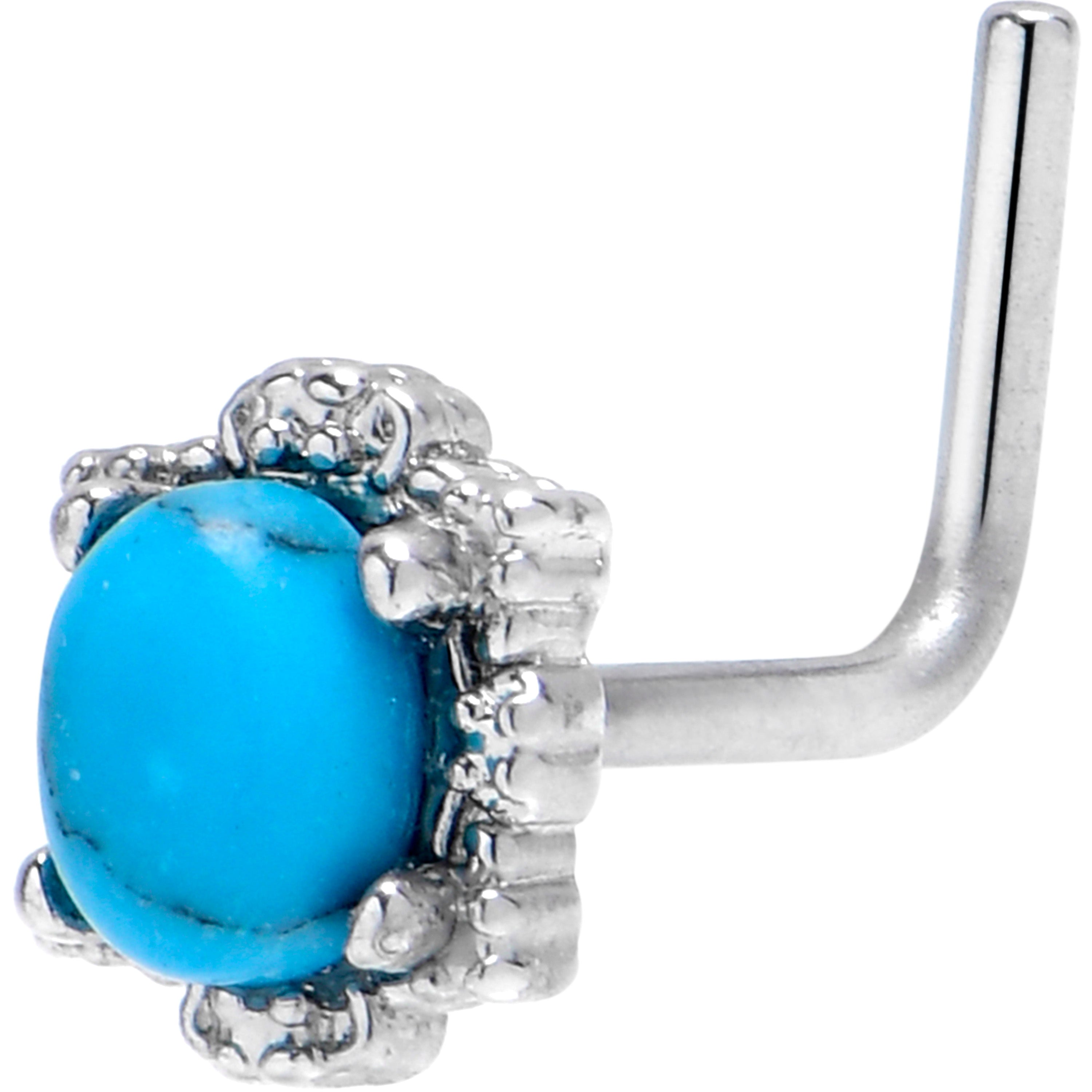 20 Gauge 7mm Blue Turquoise Stone Filigree Square L Shape Nose Ring