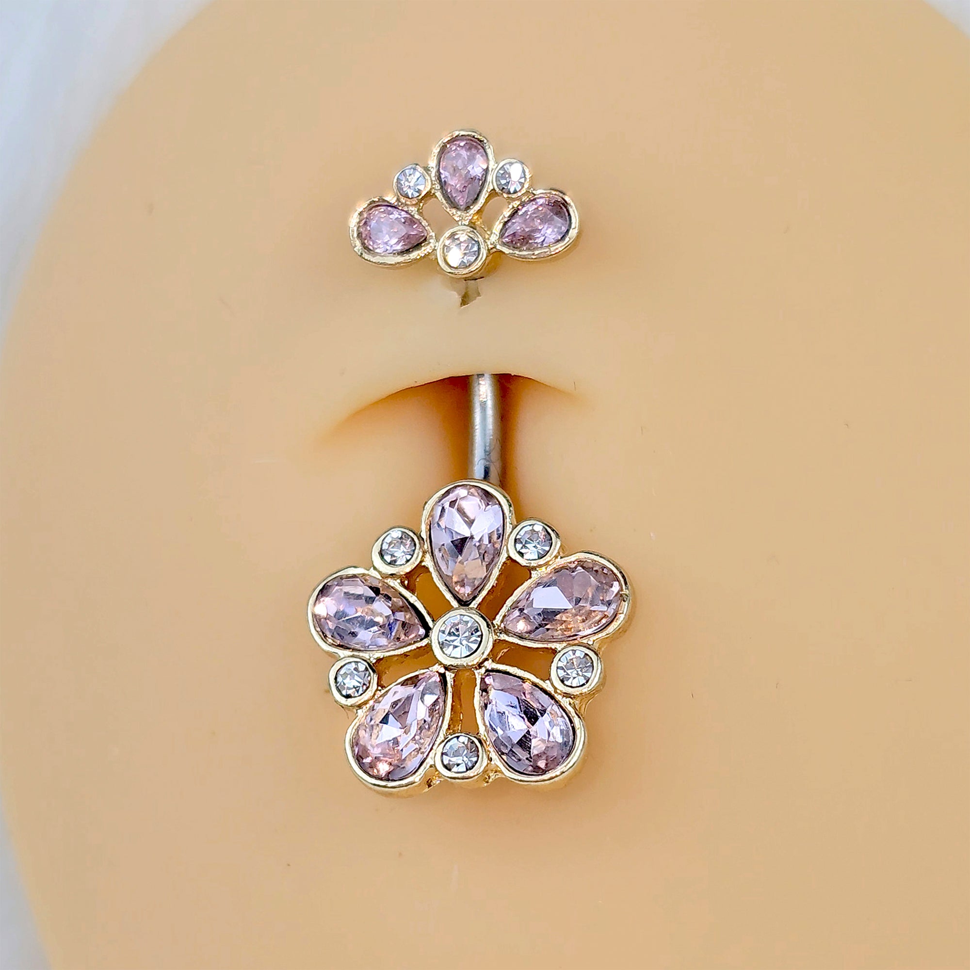 Pink Clear Gem Filigree Flower Fantasy Double Mount Belly Ring