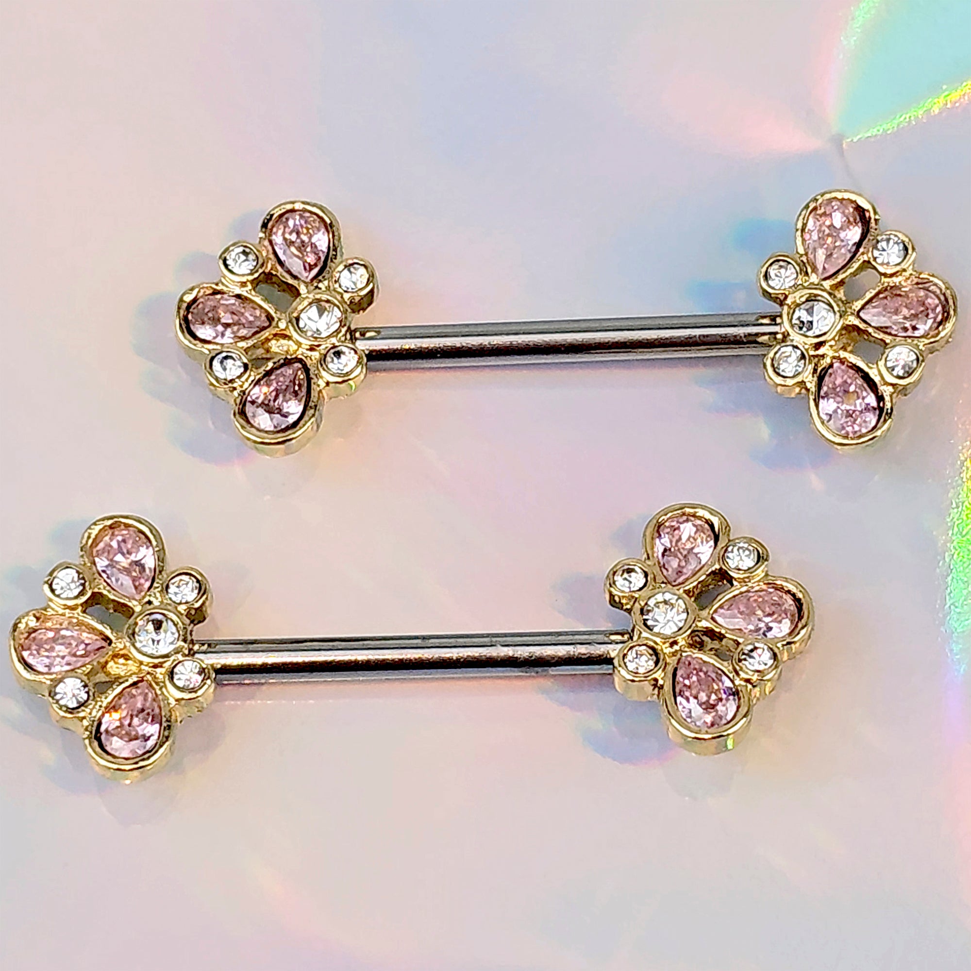 14 Gauge 9/16 Pink Gem Filigree Flower Fantasy Barbell Nipple Ring Set