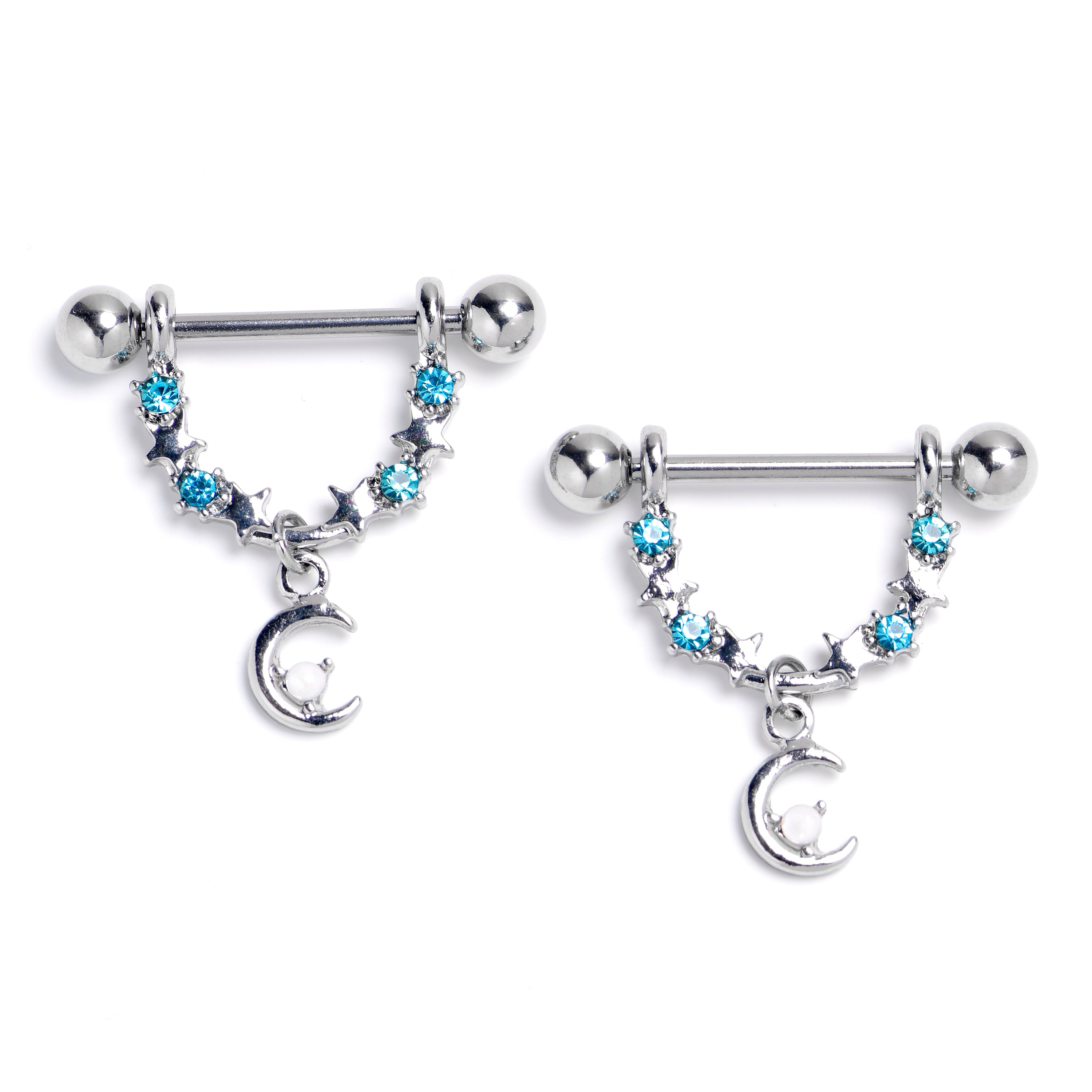 14 Gauge 9/16 Blue Clear Gem Crescent Moon Stars Dangle Nipple Ring Set