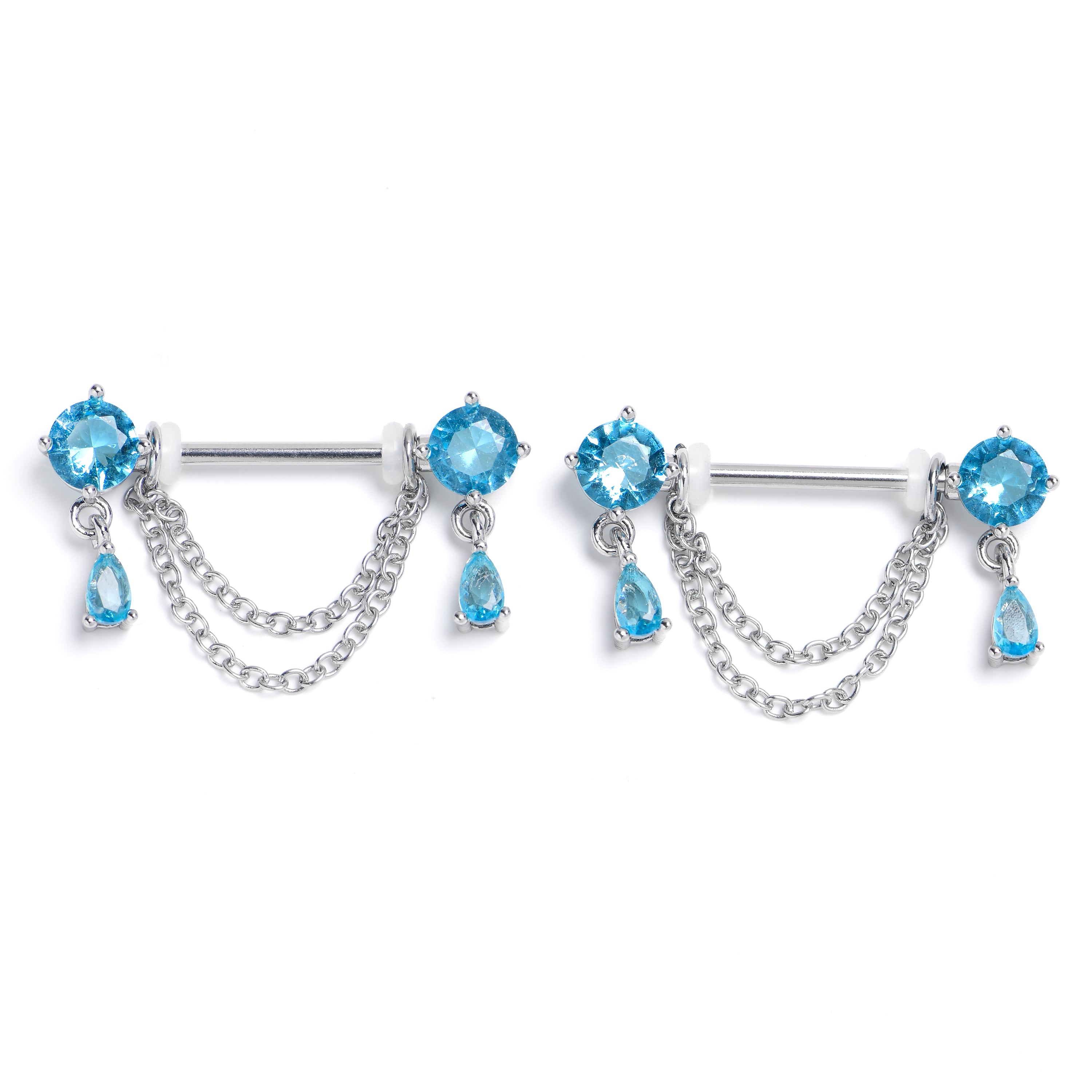 14 Gauge 9/16 Blue Gem Double Drama Dangle Nipple Ring Set