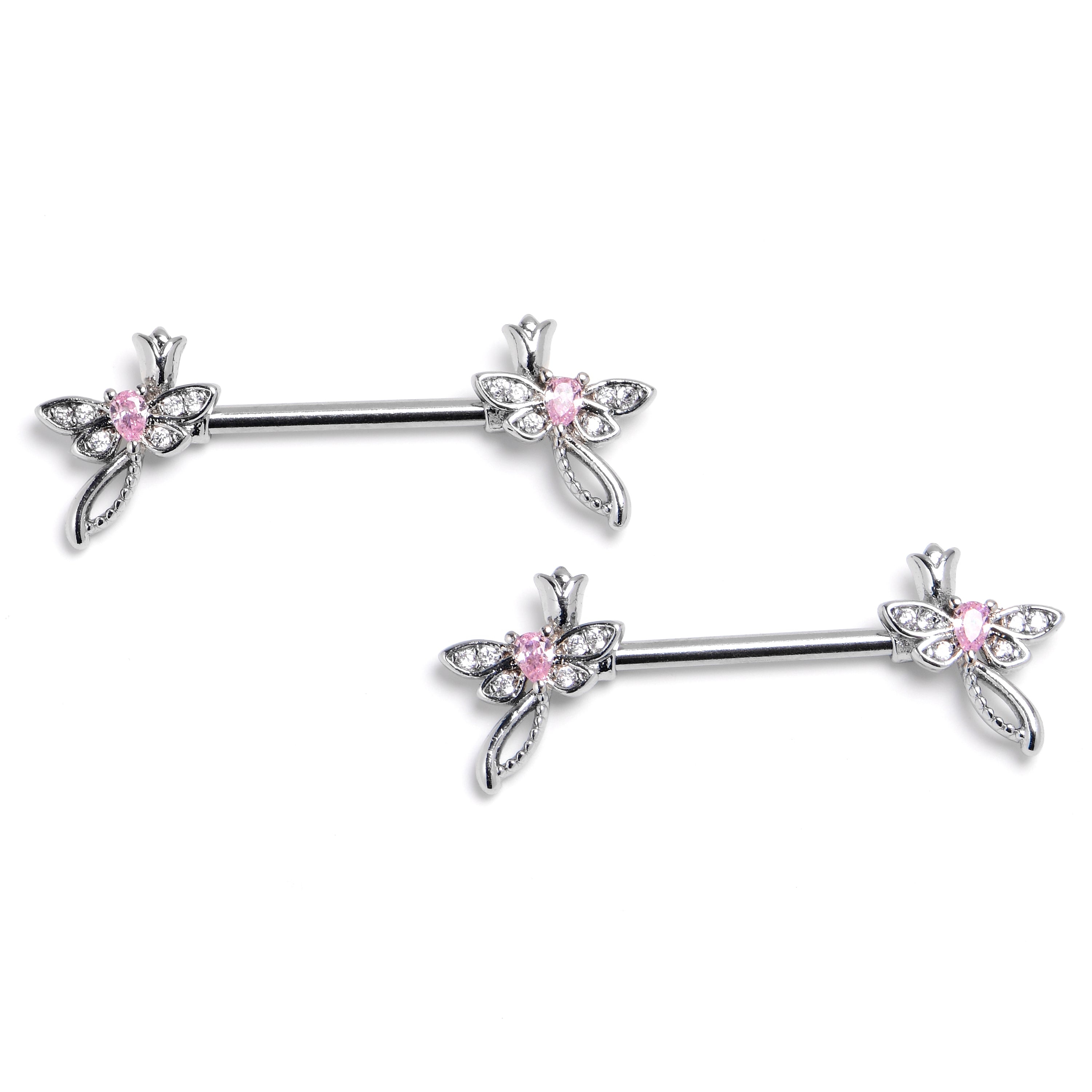 14 Gauge 9/16 Pink Gem Bold Dragonfly Barbell Nipple Ring Set