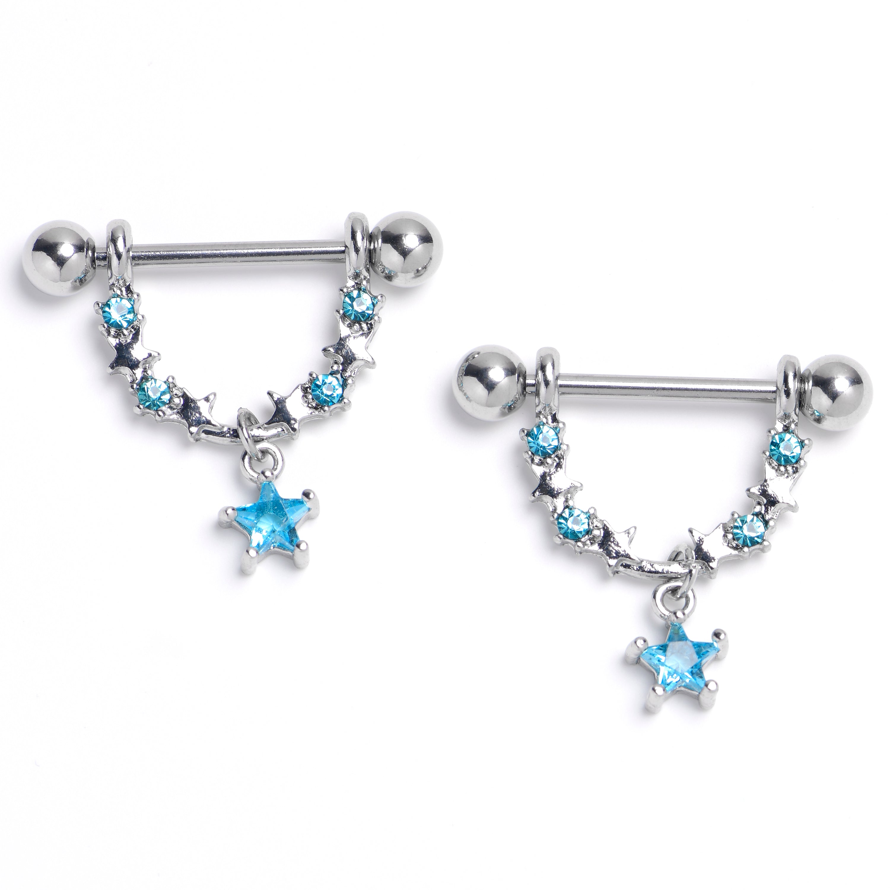 14 Gauge 9/16 Blue Gem All The Stars Dangle Nipple Ring Set