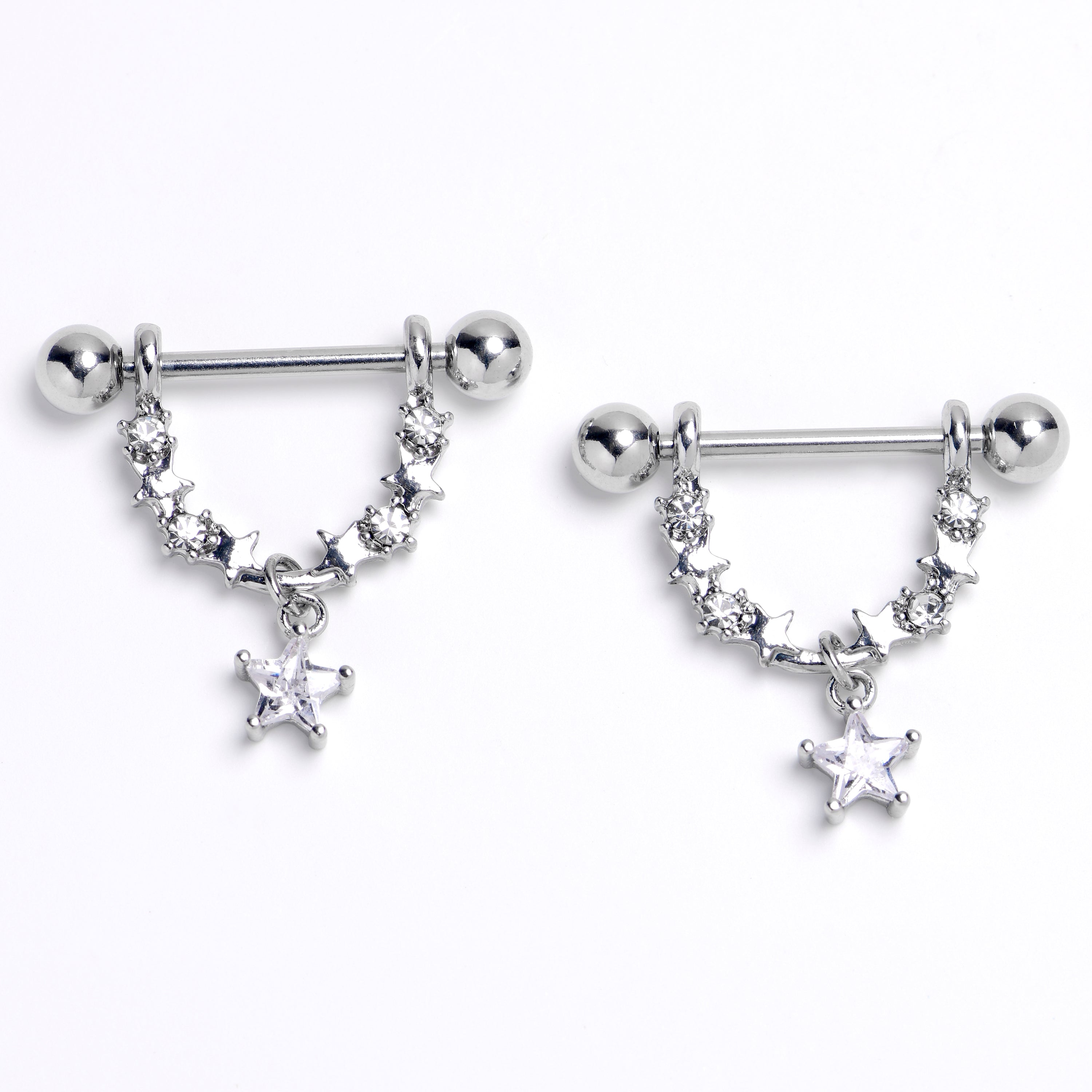 14 Gauge 9/16 Clear Gem All The Stars Dangle Nipple Ring Set