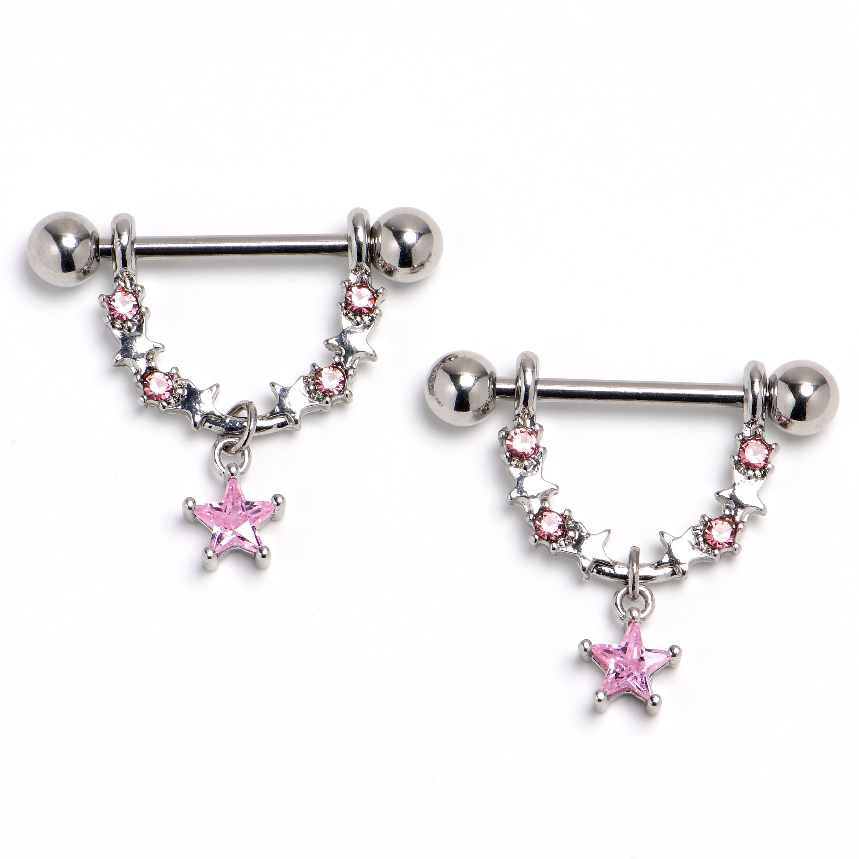 14 Gauge 9/16 Pink Gem Lush Stars Dangle Nipple Ring Set