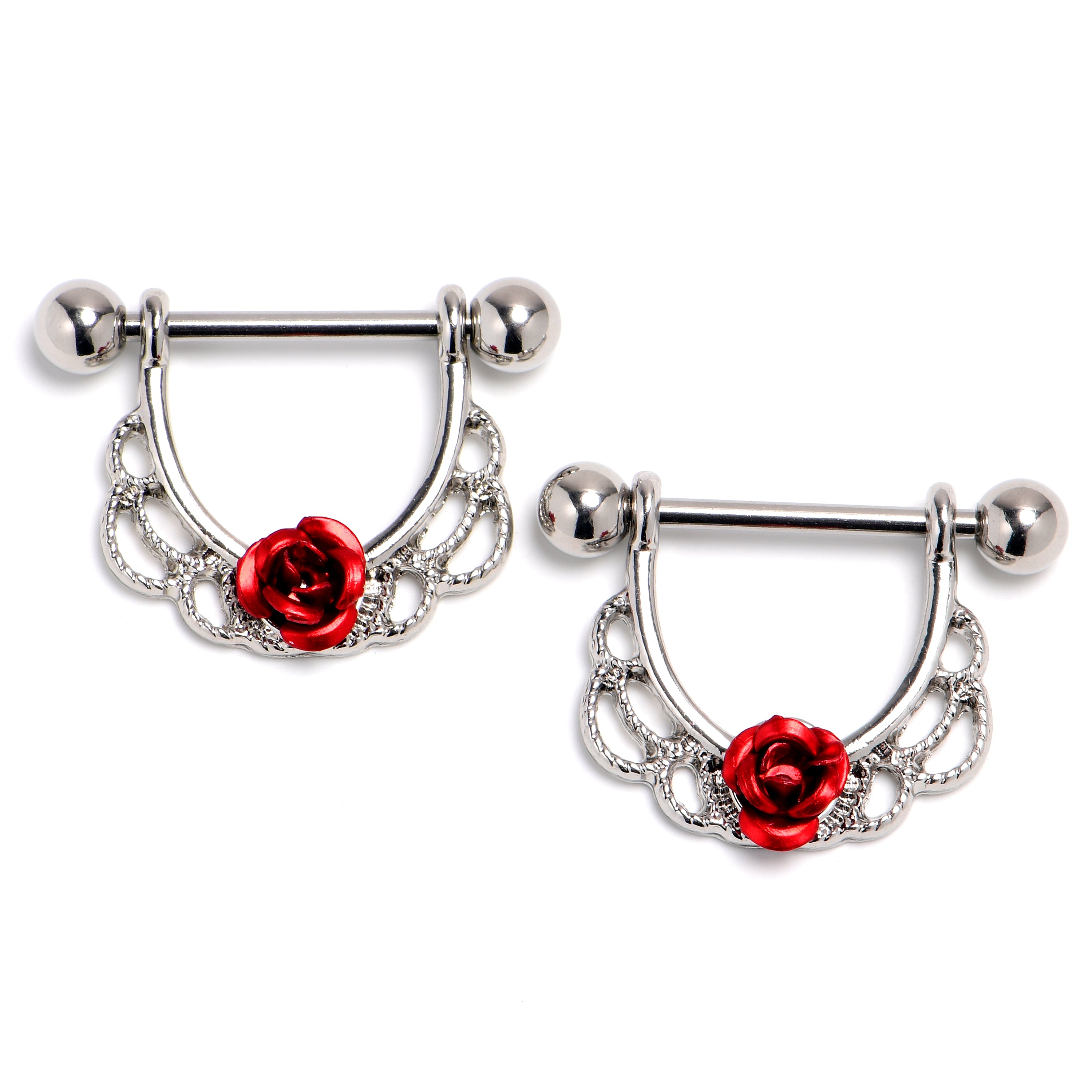 14 Gauge 9/16 Blooming Red Rose Filigree Dangle Nipple Ring Set