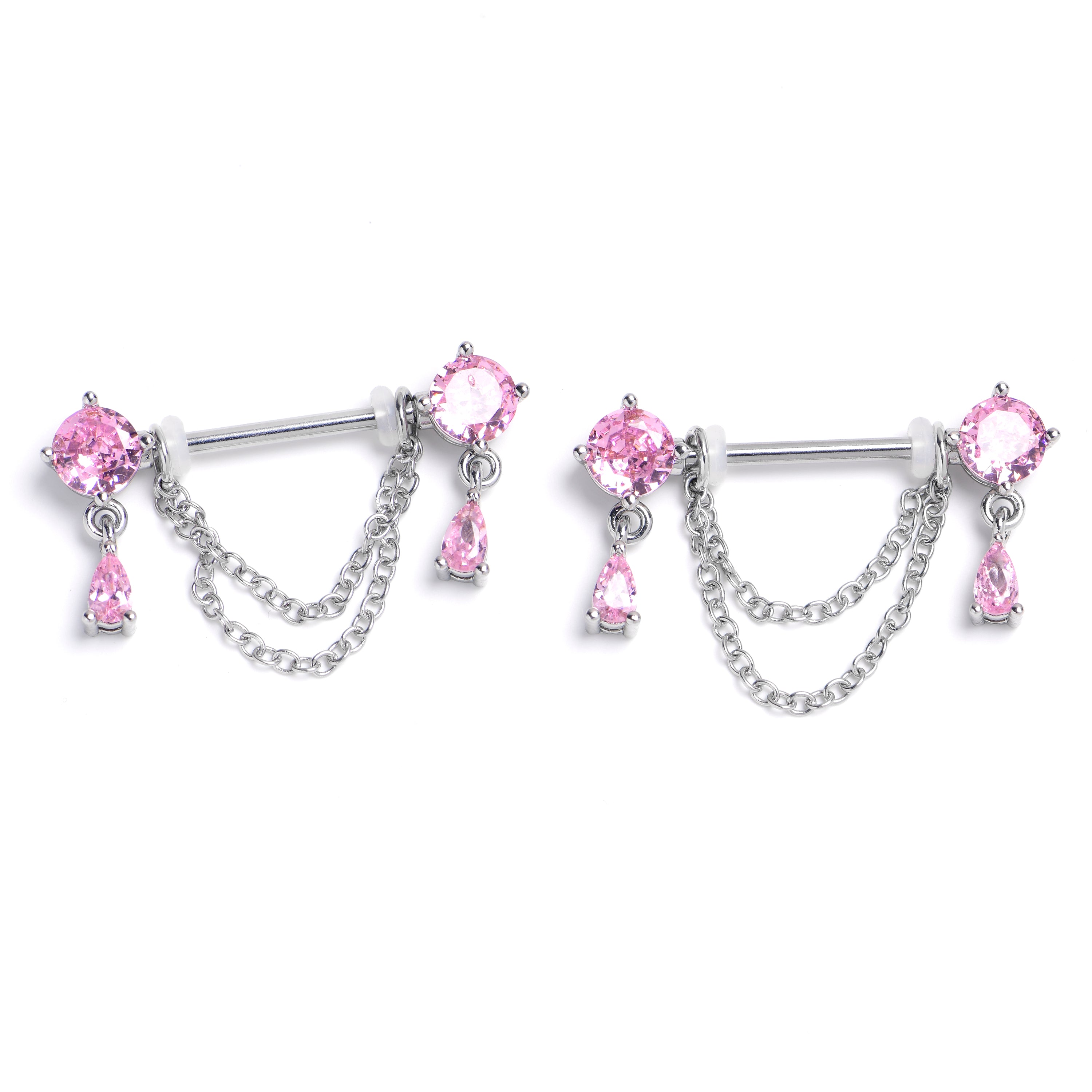 14 Gauge 9/16 Pink Gem Double Drama Dangle Nipple Piercing Rings