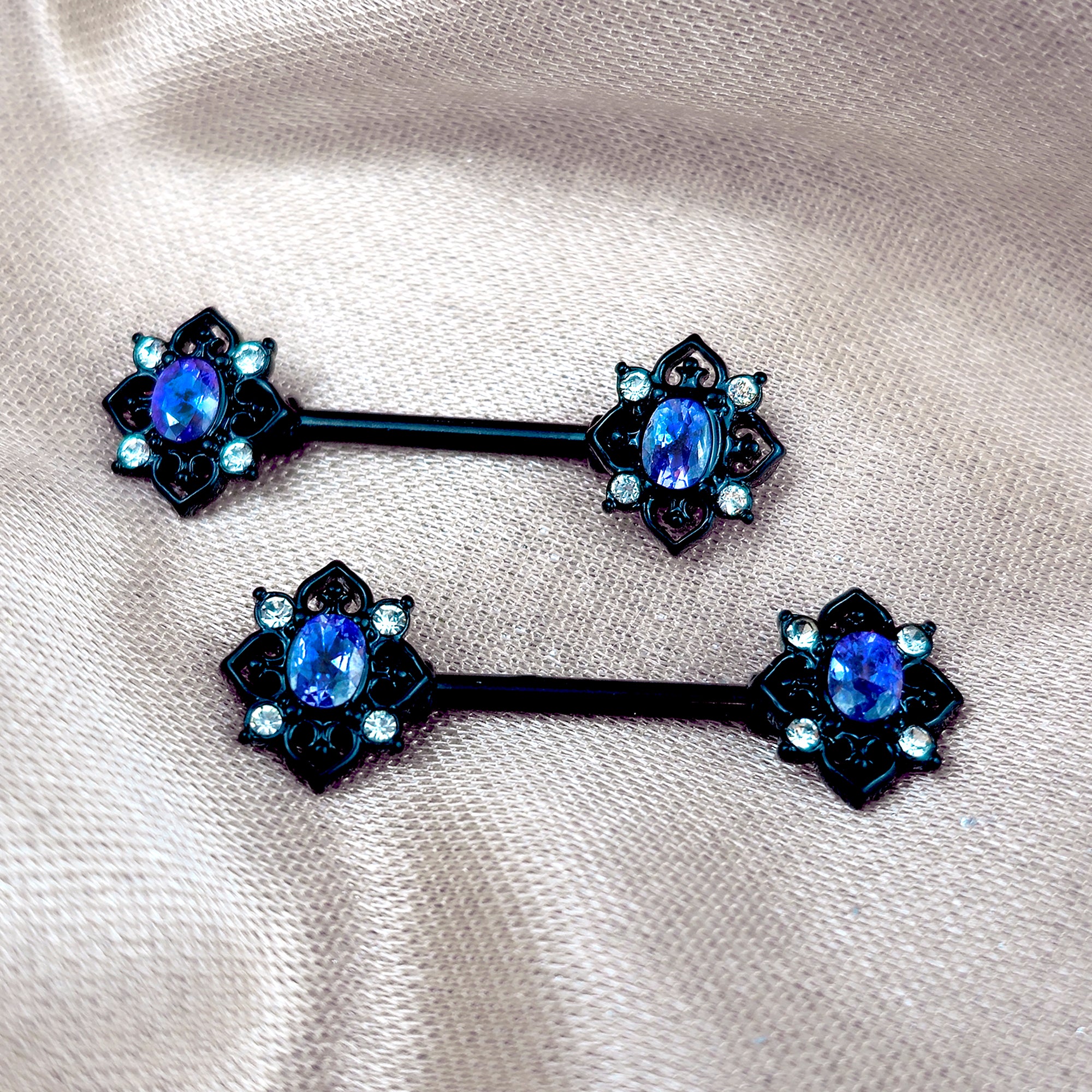 14 Gauge 9/16 Blue Gem Black Filigree Rhombus Barbell Nipple Ring Set