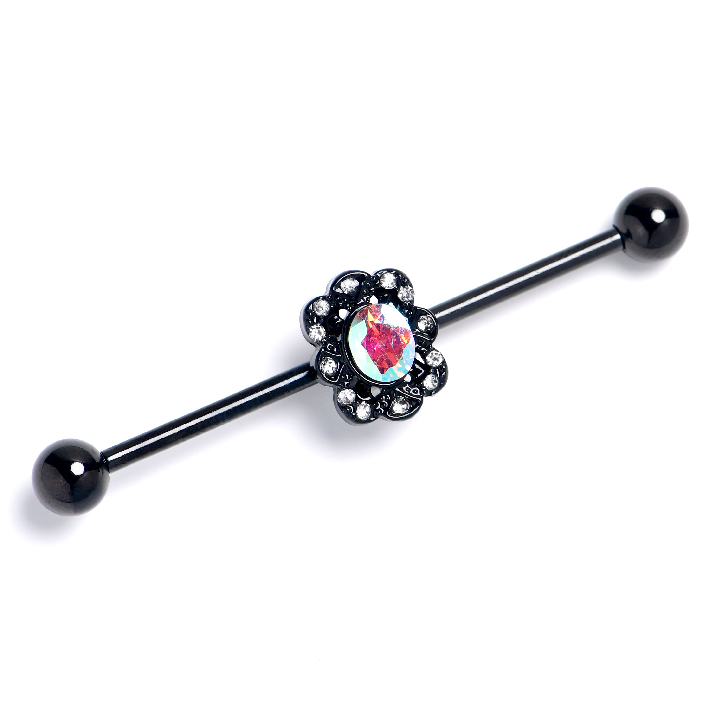 14 Gauge Black Filigree Fabulous Red Dangle Industrial Barbell 38mm