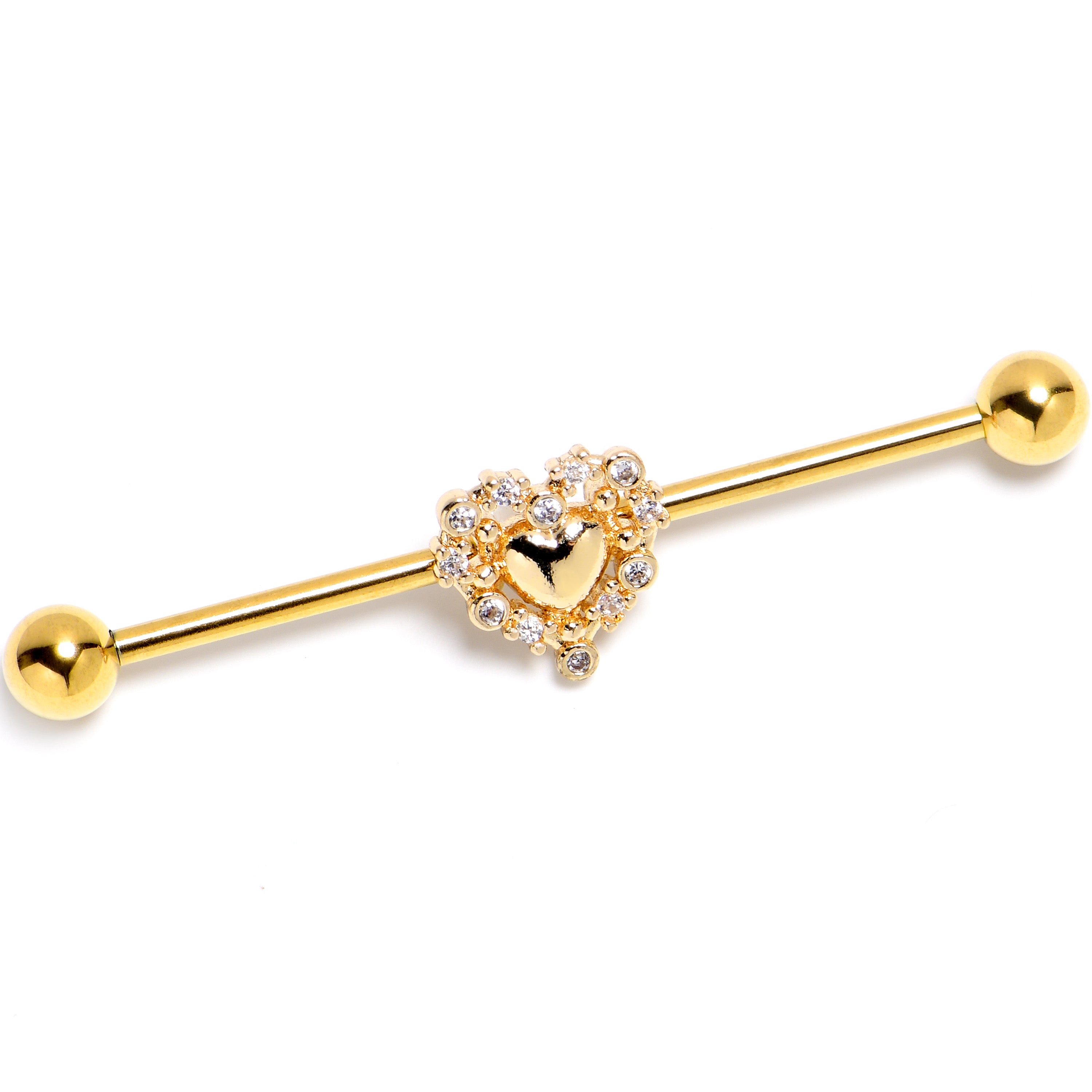 14 Gauge Clear CZ Gem Gold Tone Heart Duo Industrial Barbell 38mm